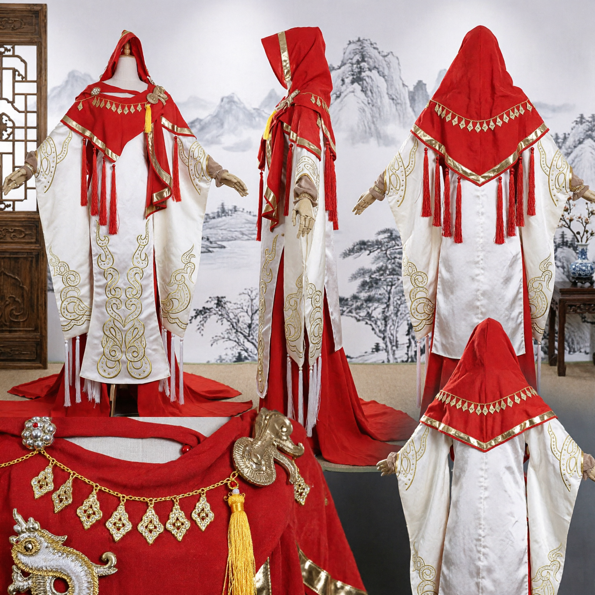 Traditional Chinese Hanfu Costume Red Hooded Cape White Robe Gold Embroidery Ancient Style Cosplay Dress for Women