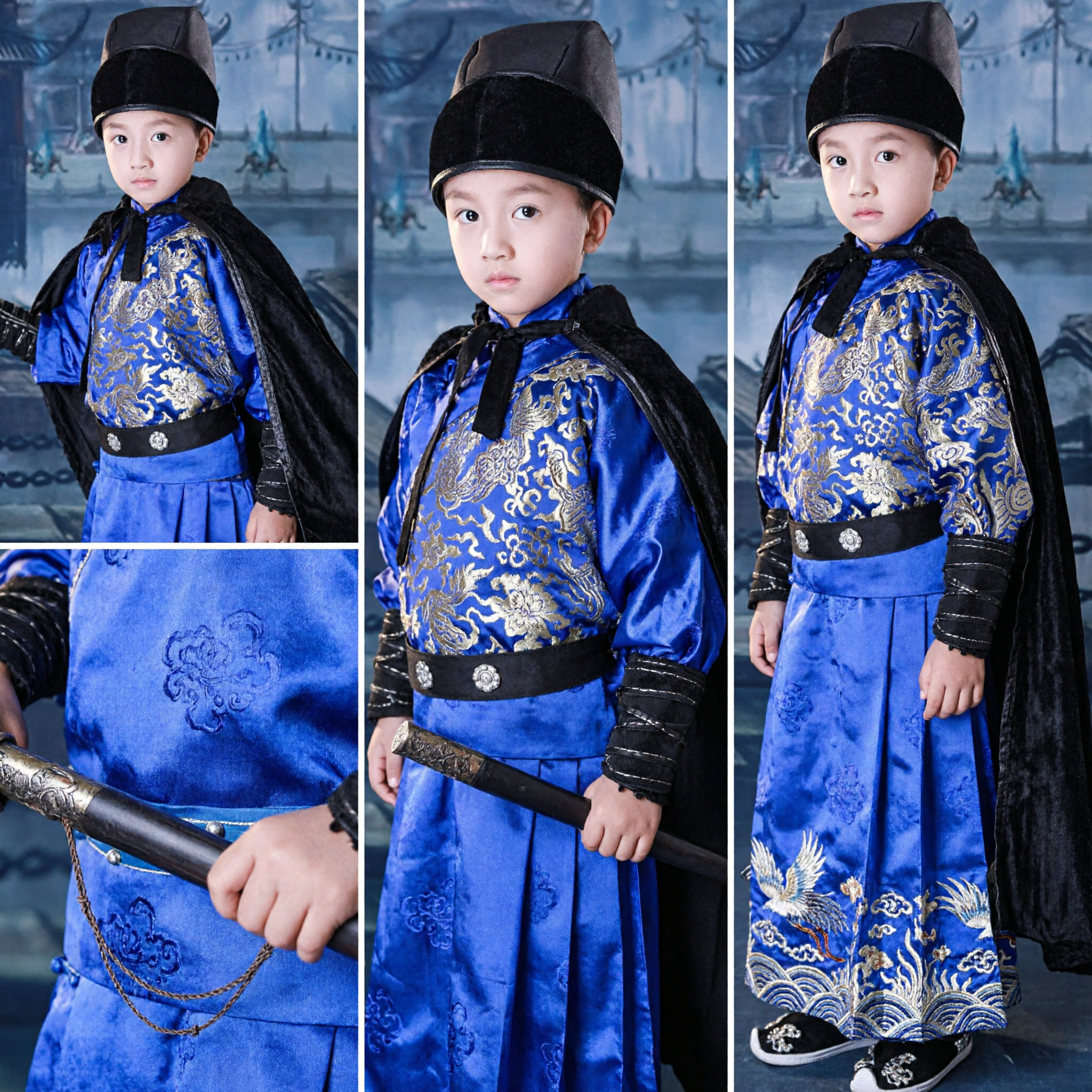 Kids Boys Traditional Chinese Ming Dynasty Jin Yi Wei Imperial Guard Cosplay Costume Blue Robe with Cape