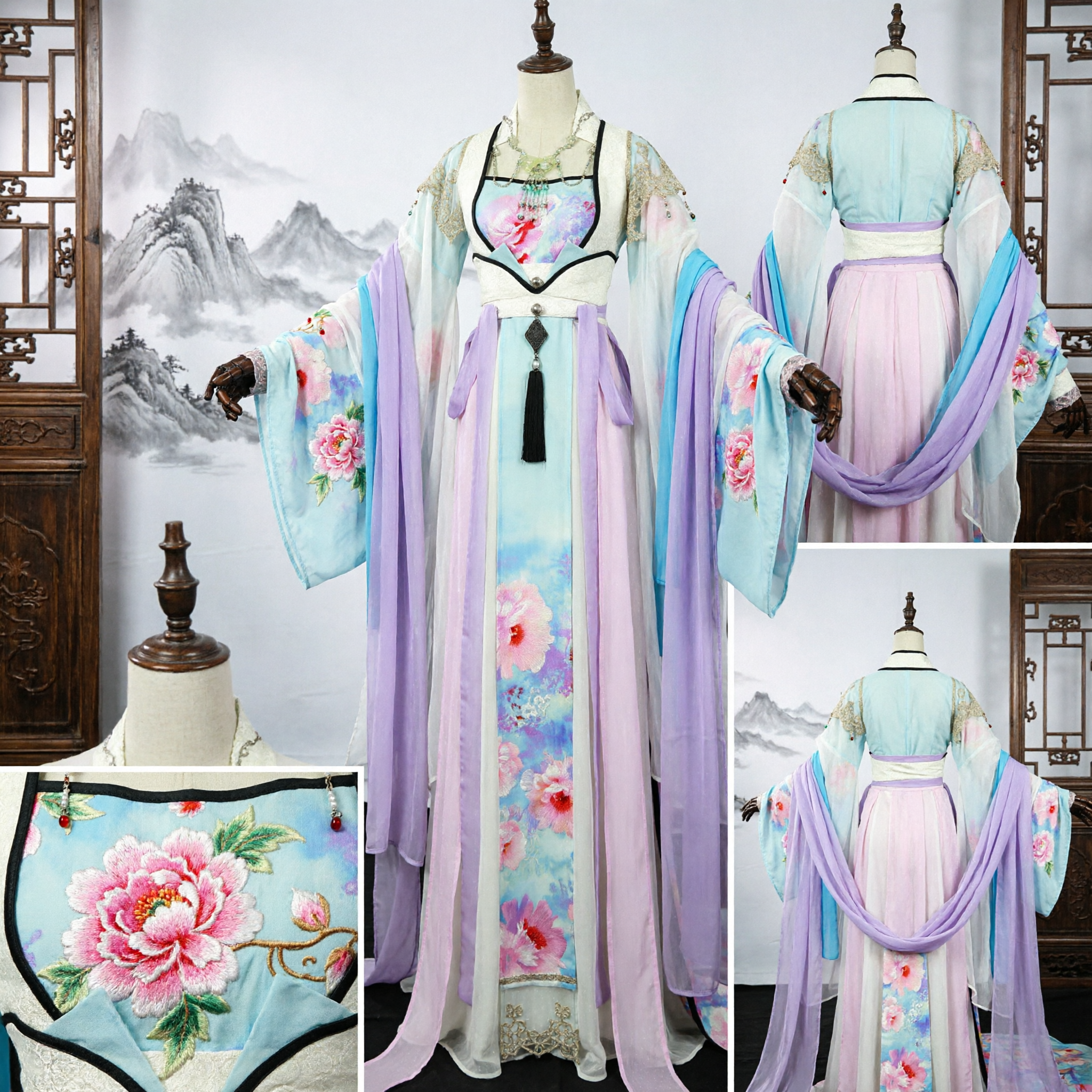Elegant Ancient Chinese Hanfu Traditional Tang Dynasty Palace Dress Pastel Floral Fairy Costume for Women Cosplay