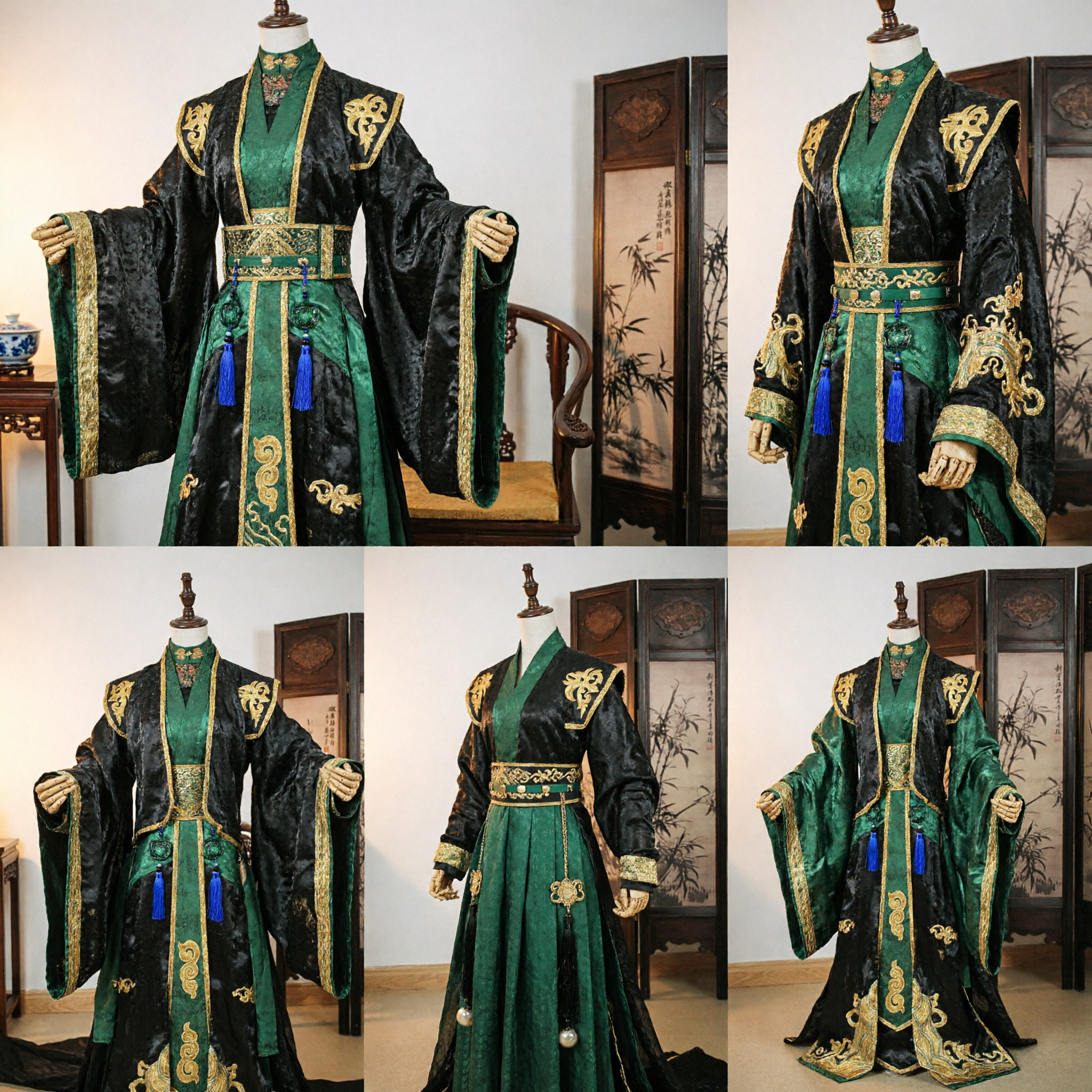 Ancient Chinese Emperor Black and Green Hanfu Robe with Gold Embroidery Traditional Historical Cosplay Costume for Men