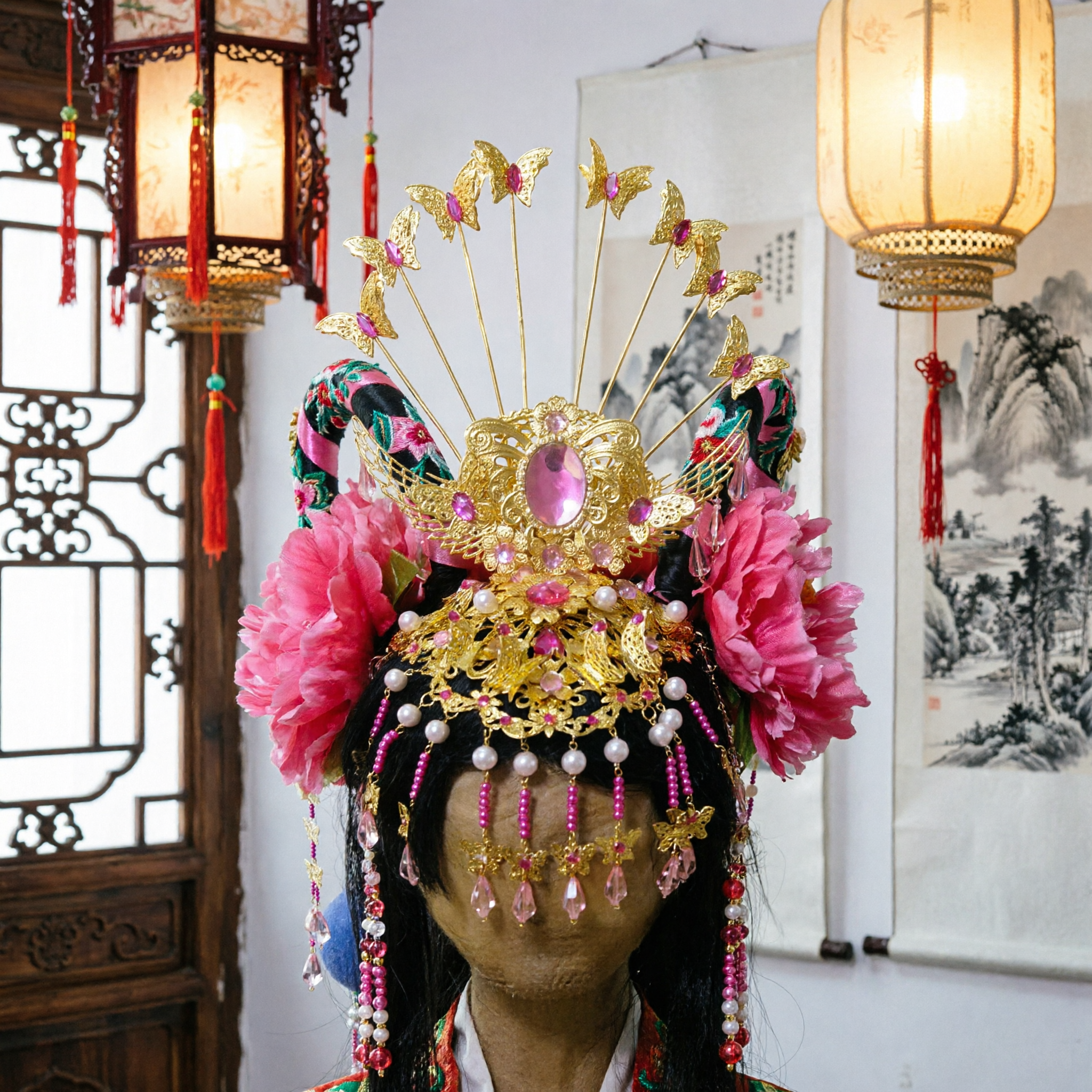 Traditional Chinese Opera Butterfly Headdress Pink Flower Crown for Peking Opera Performance Cosplay Halloween Costume