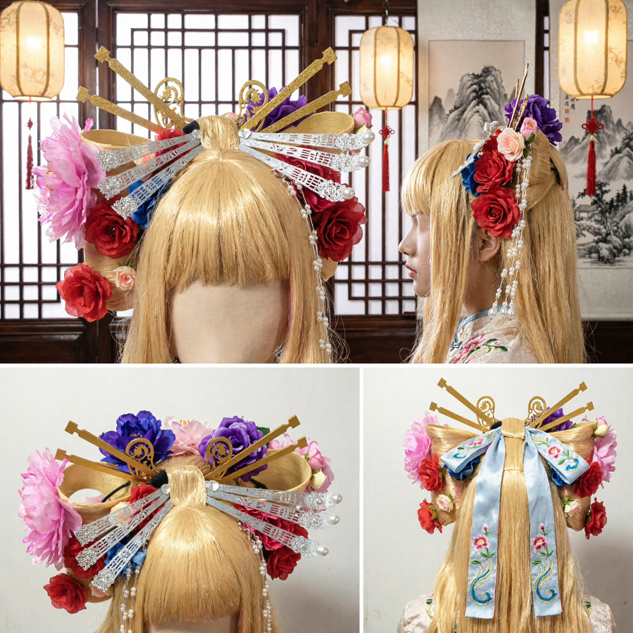 Elaborate Traditional Chinese Hairpiece with Blonde Wig, Peonies, and Gold Ornaments for Cosplay and Stage Performance