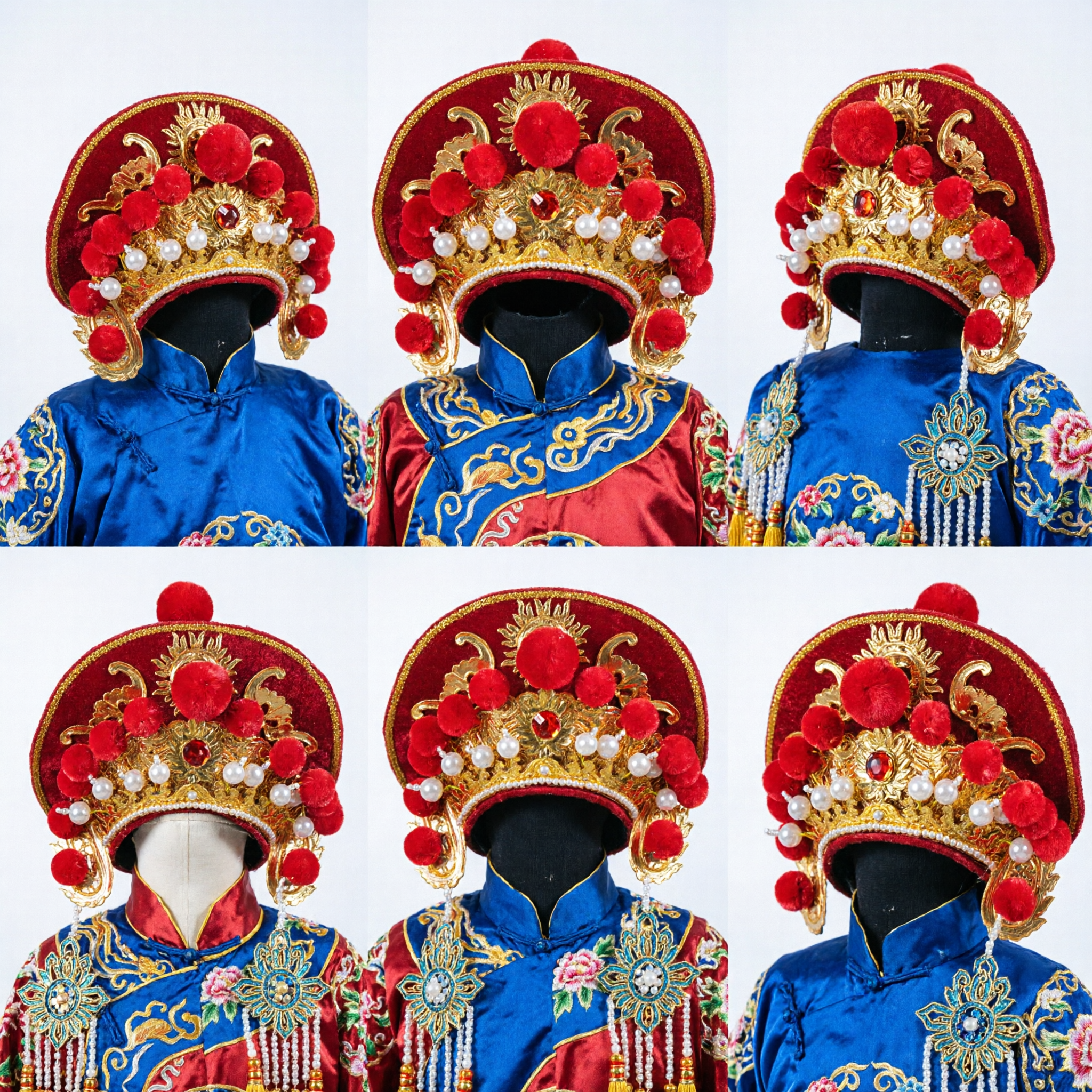 Traditional Chinese Peking Opera Phoenix Crown Headpiece Red Gold Velvet Headdress with Pom-poms for Women