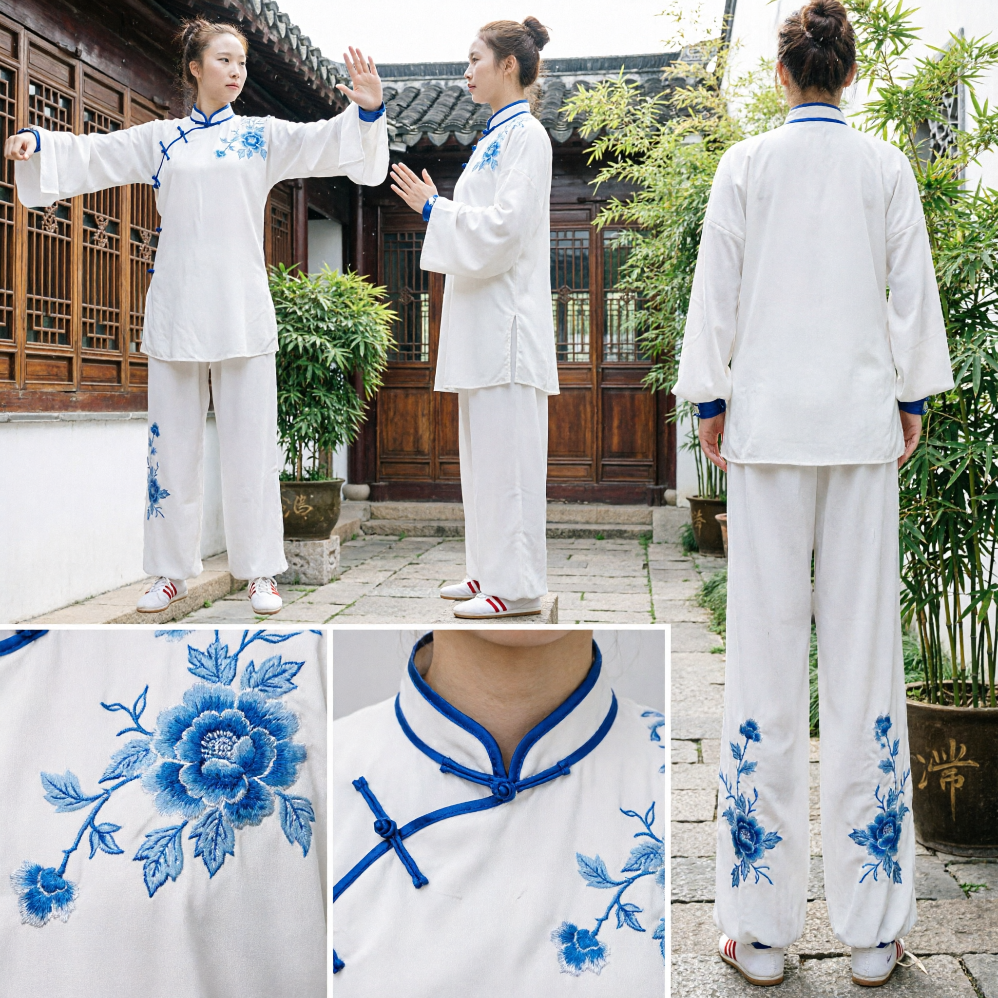 Women's Traditional White Tai Chi Uniform Blue Floral Embroidery Silk Kung Fu Wushu Martial Arts Costume Set