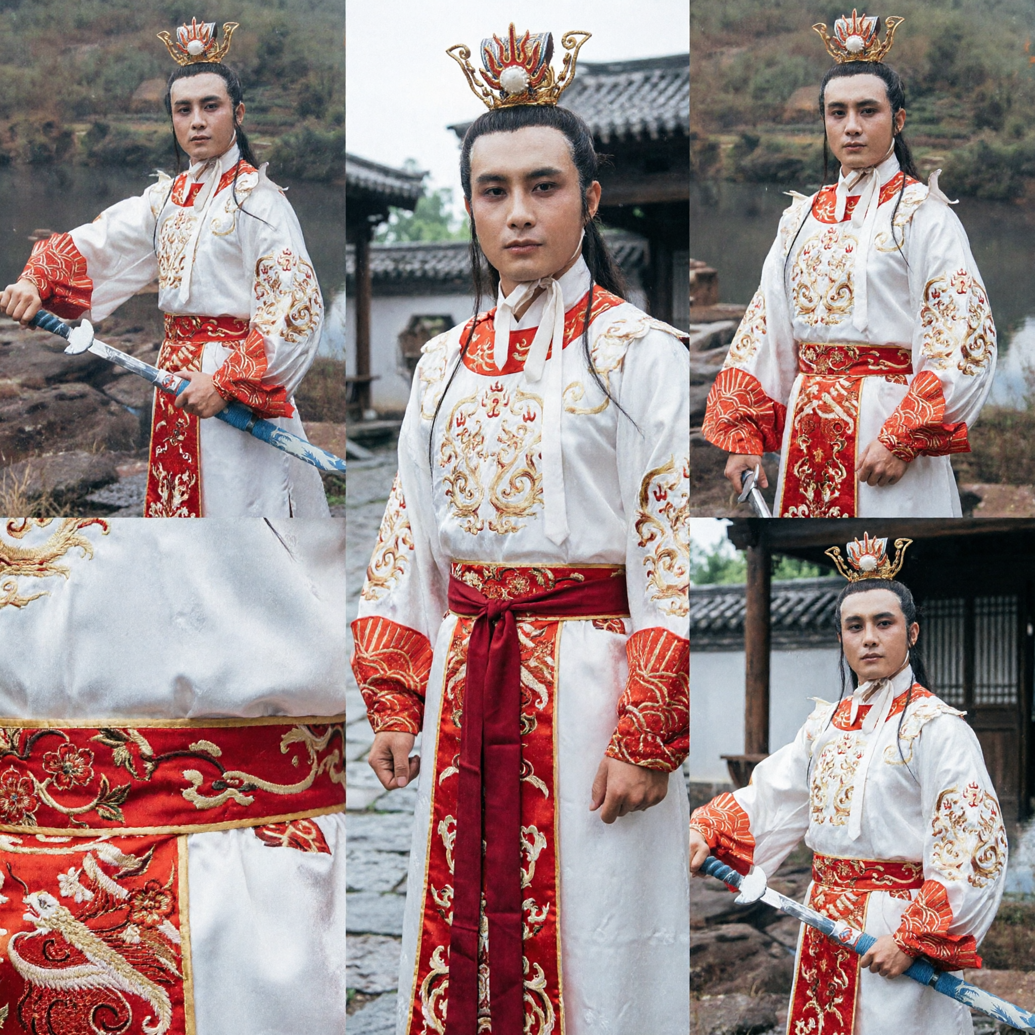 Ancient Chinese White Prince Hanfu Costume Men Wuxia Swordsman Historical Cosplay Outfit with Crown and Sword