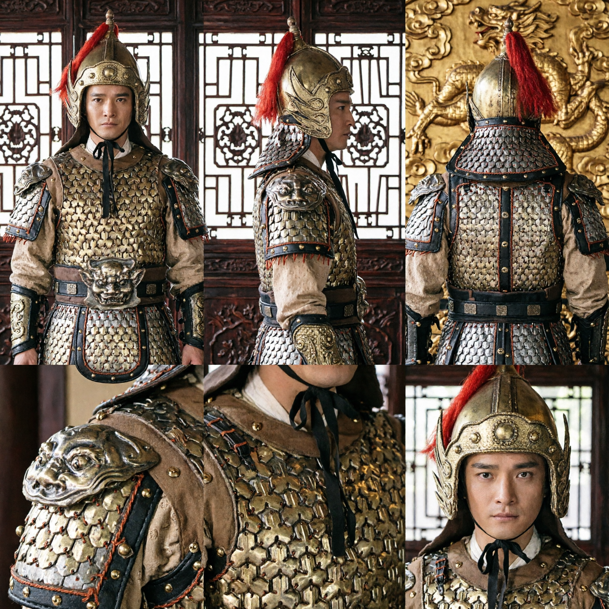 Ancient Chinese General Helmet and Scale Armor Set Men Traditional Warrior Cosplay Costume Historical Reenactment