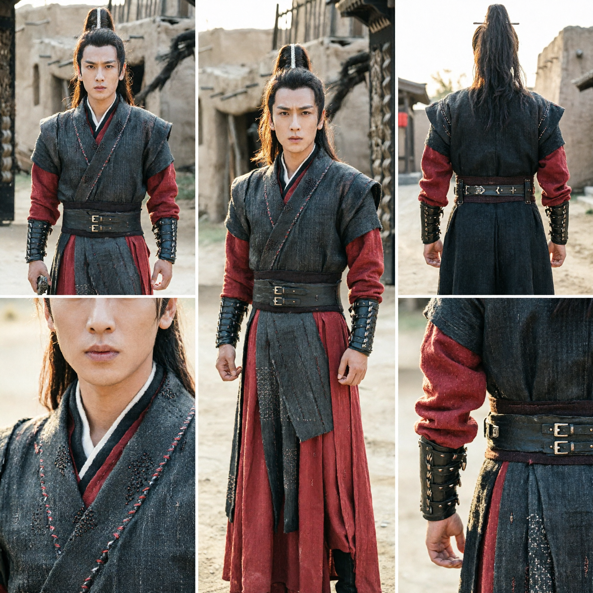 Men's Ancient Chinese Wuxia Swordsman Costume Red and Black Historical Warrior Hanfu for Cosplay