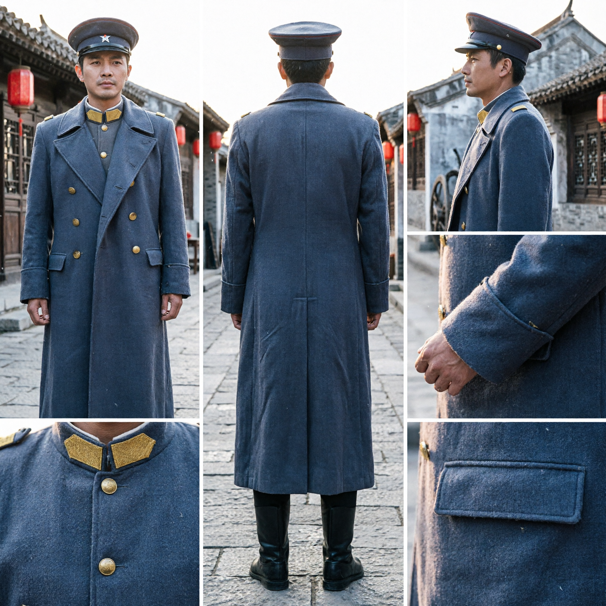 Mens Republic of China Military Officer Uniform Costume Set Double Breasted Coat and Cap for Cosplay