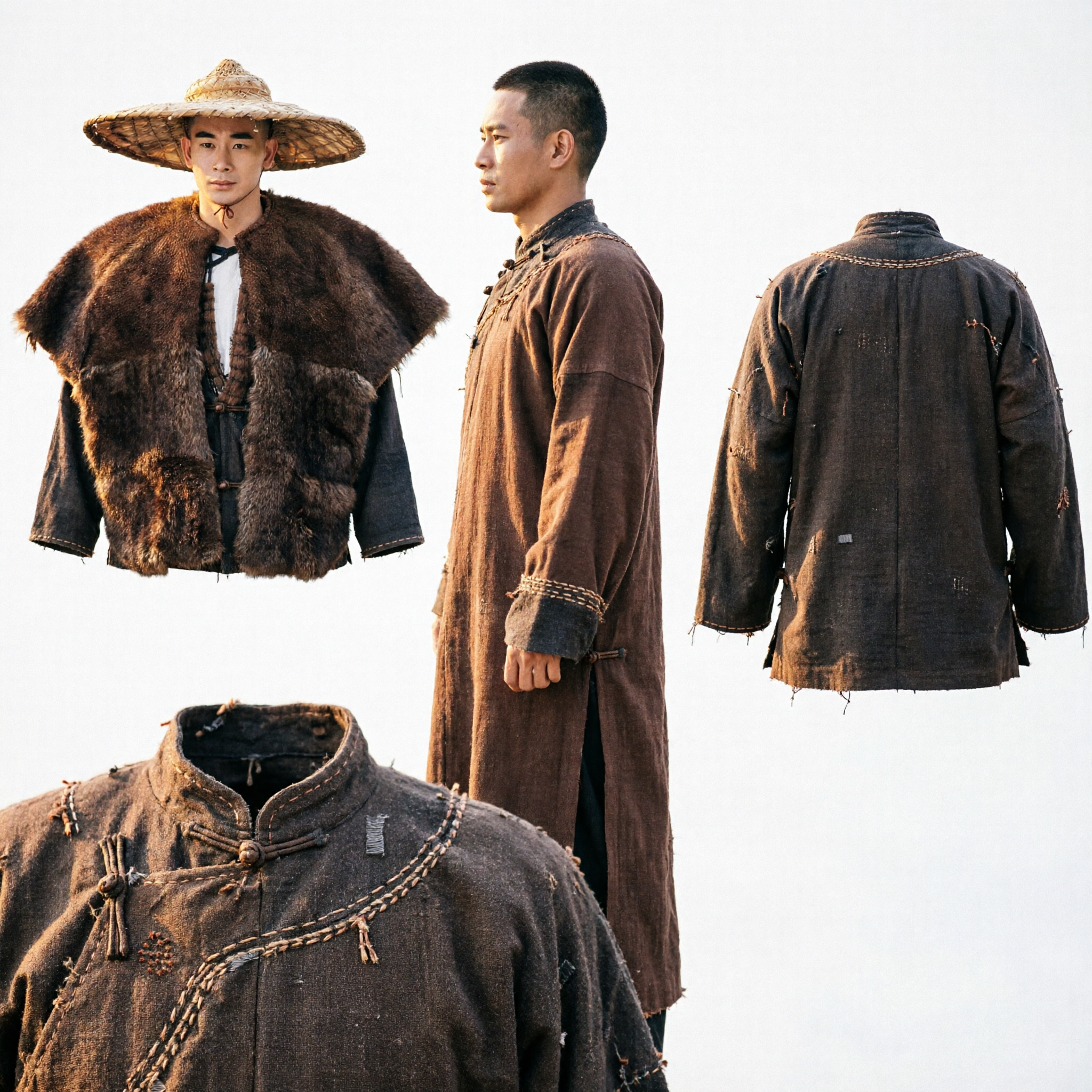 Ancient Chinese Wuxia Swordsman Costume Set with Wide Brim Straw Hat and Brown Cloak for Men Cosplay