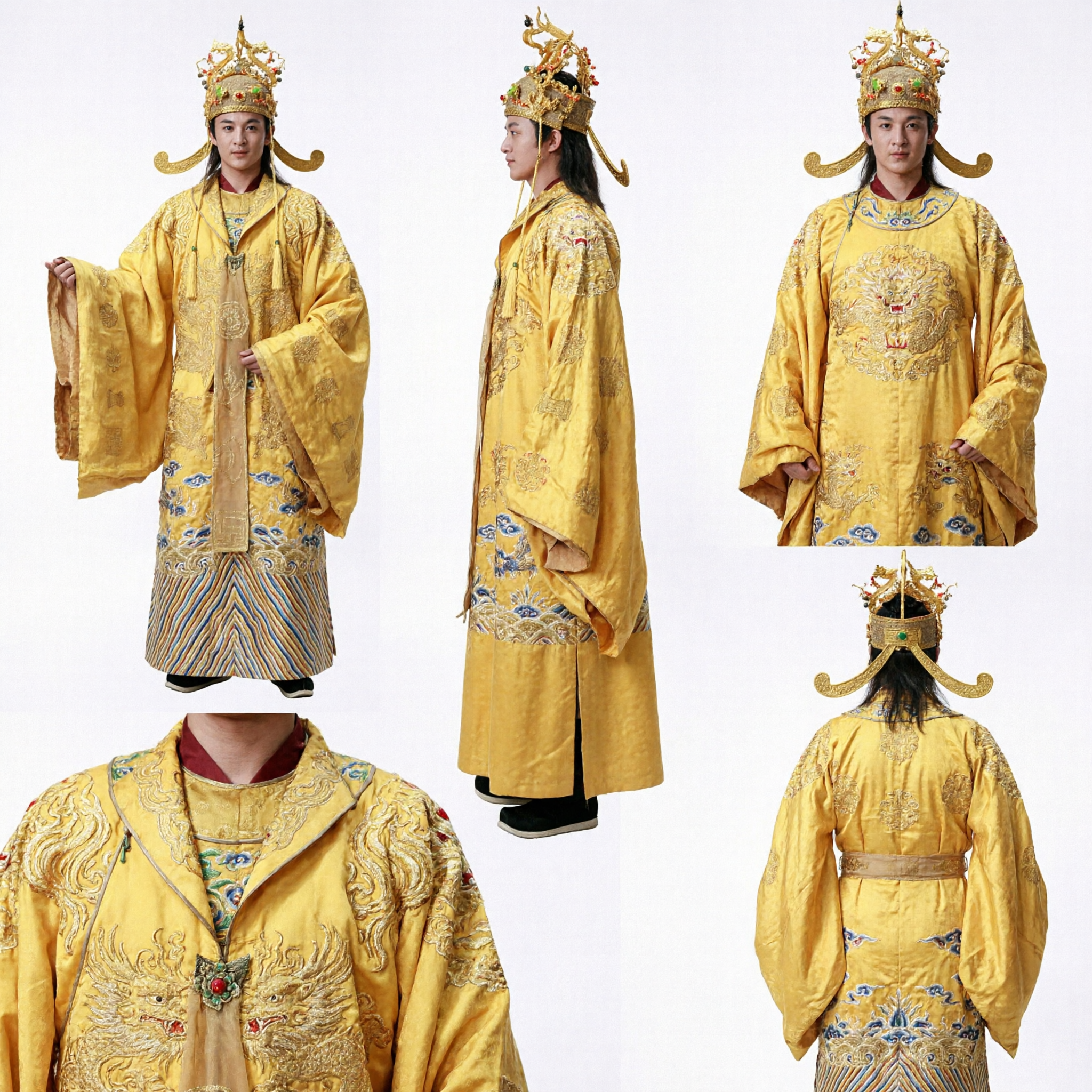 Men's Ancient Chinese Emperor Costume Imperial Yellow Dragon Robe Traditional Hanfu for Cosplay Performance