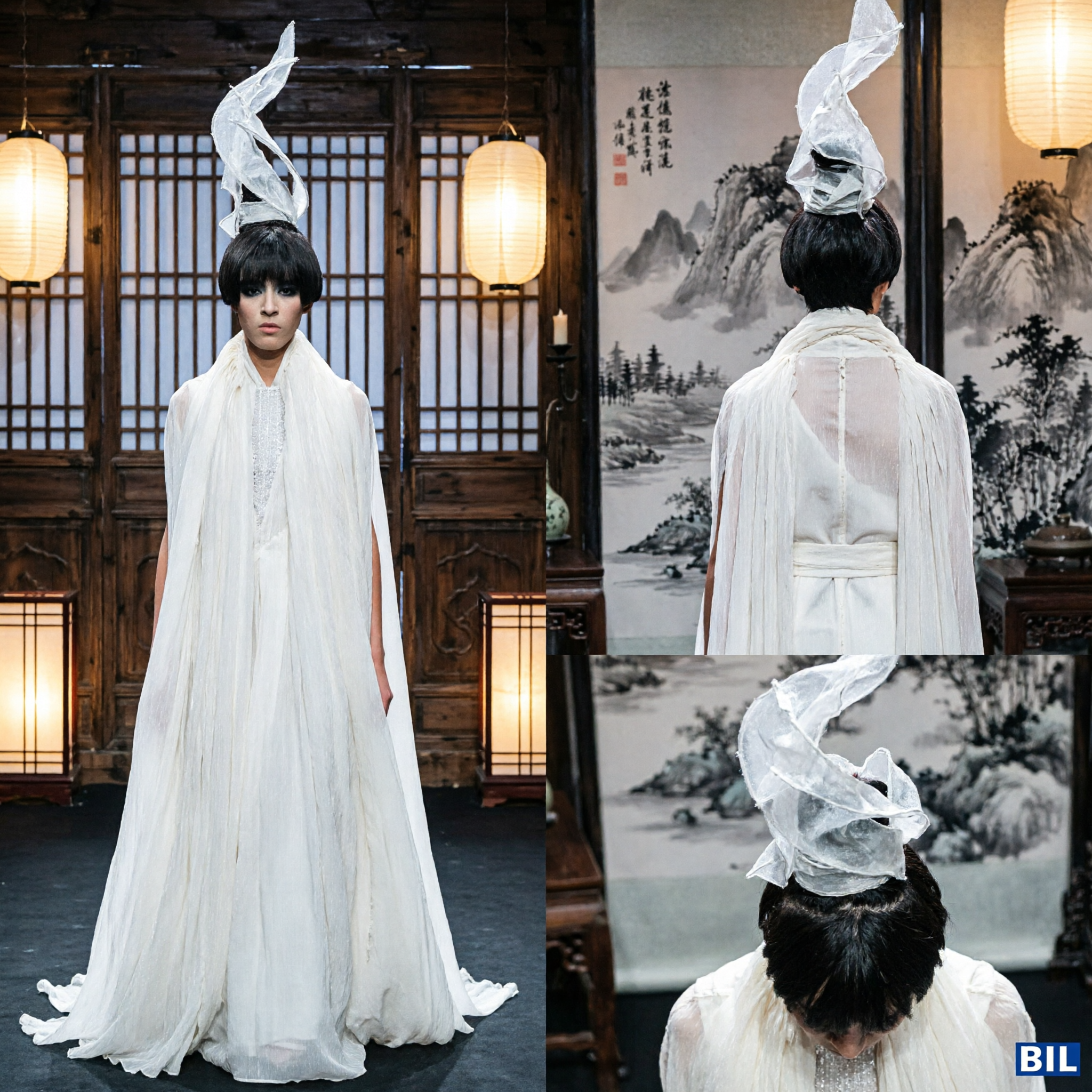 White Off-Shoulder Mermaid Wedding Dress with Gold Phoenix Embroidery and Ruffled Sleeves for Elegant Brides