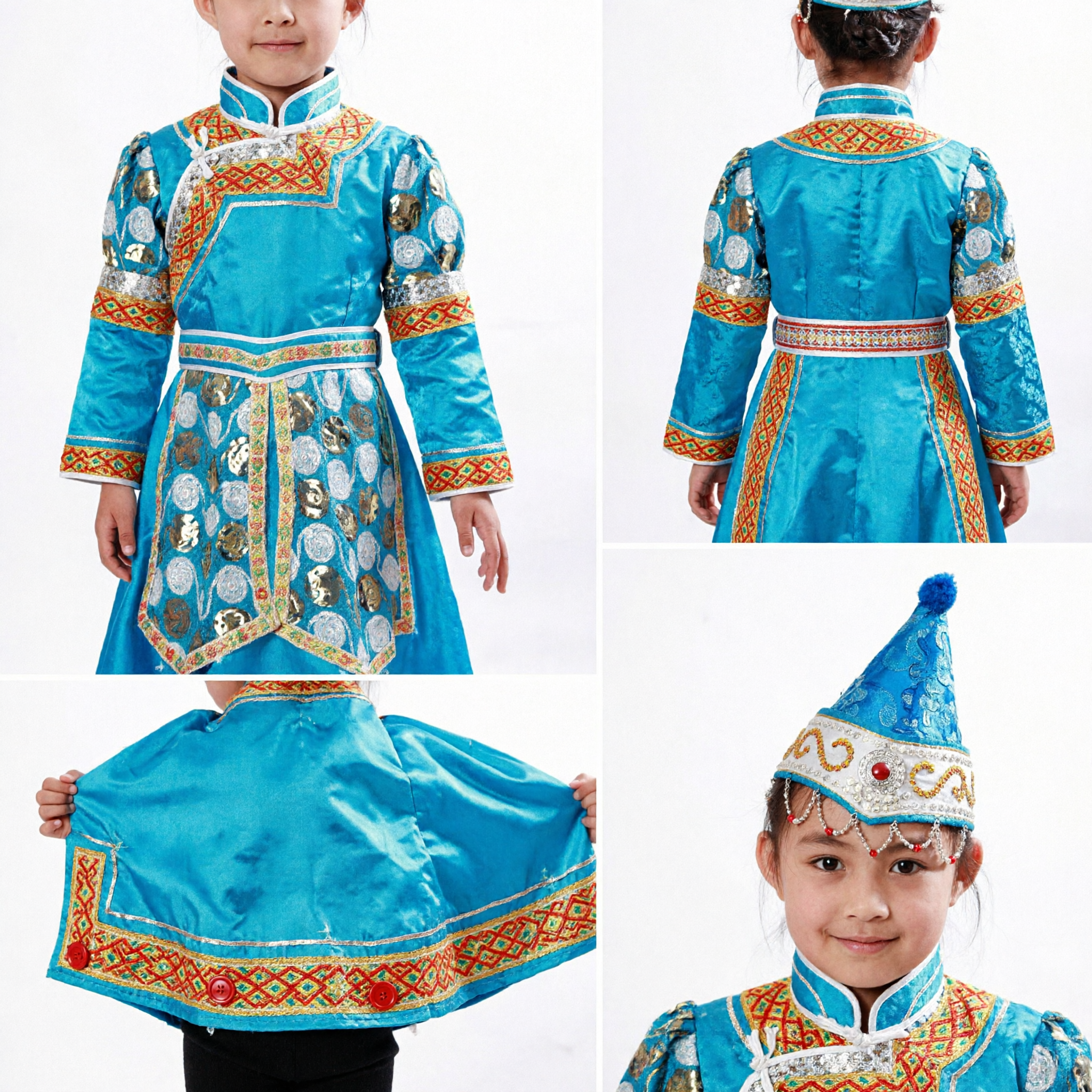 Traditional Mongolian Blue Ethnic Dance Costume for Boys Kids Folk Performance Stage Outfit