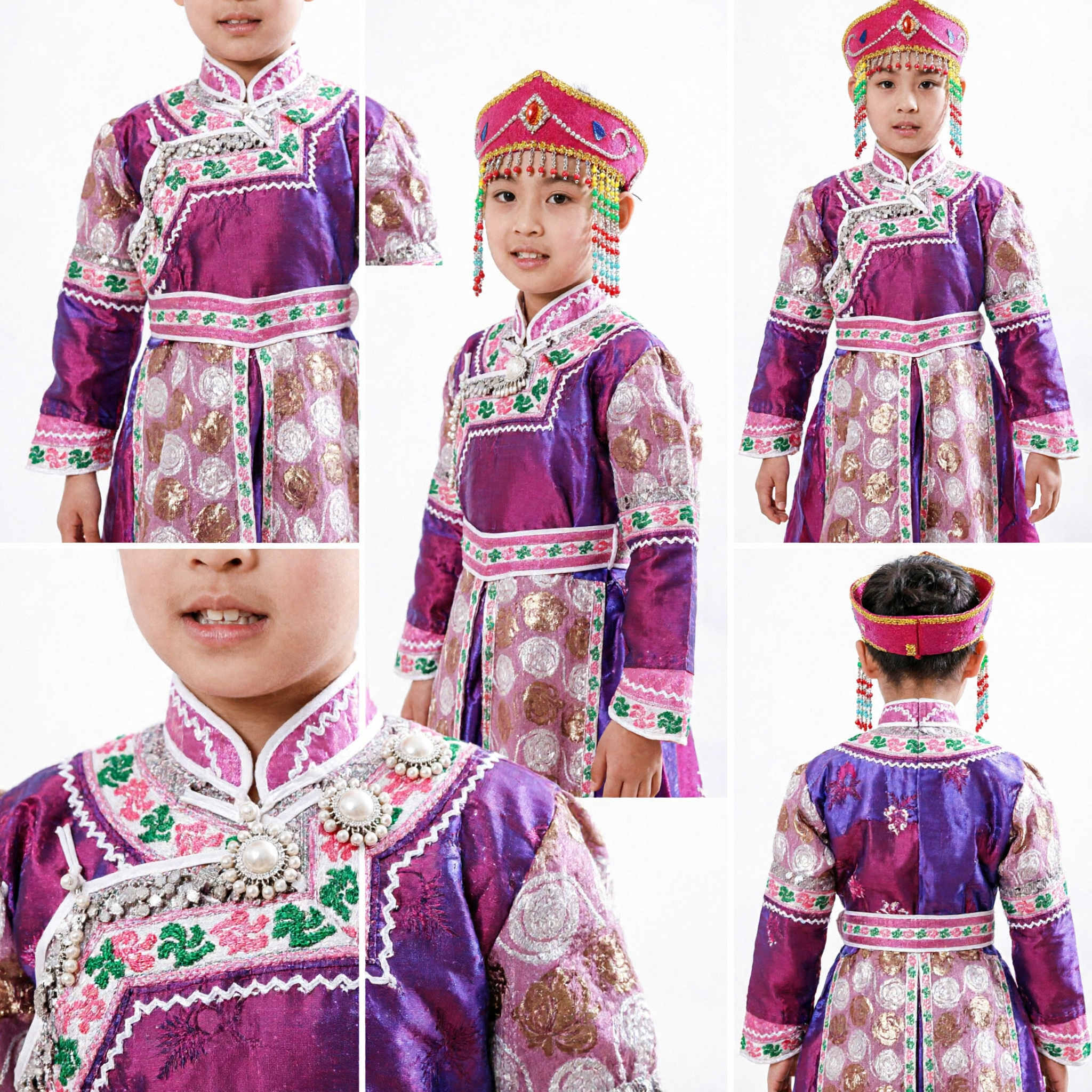 Chinese Traditional Mongolian Dance Costume for Kids Girls Purple Ethnic Minority Performance Dress with Hat