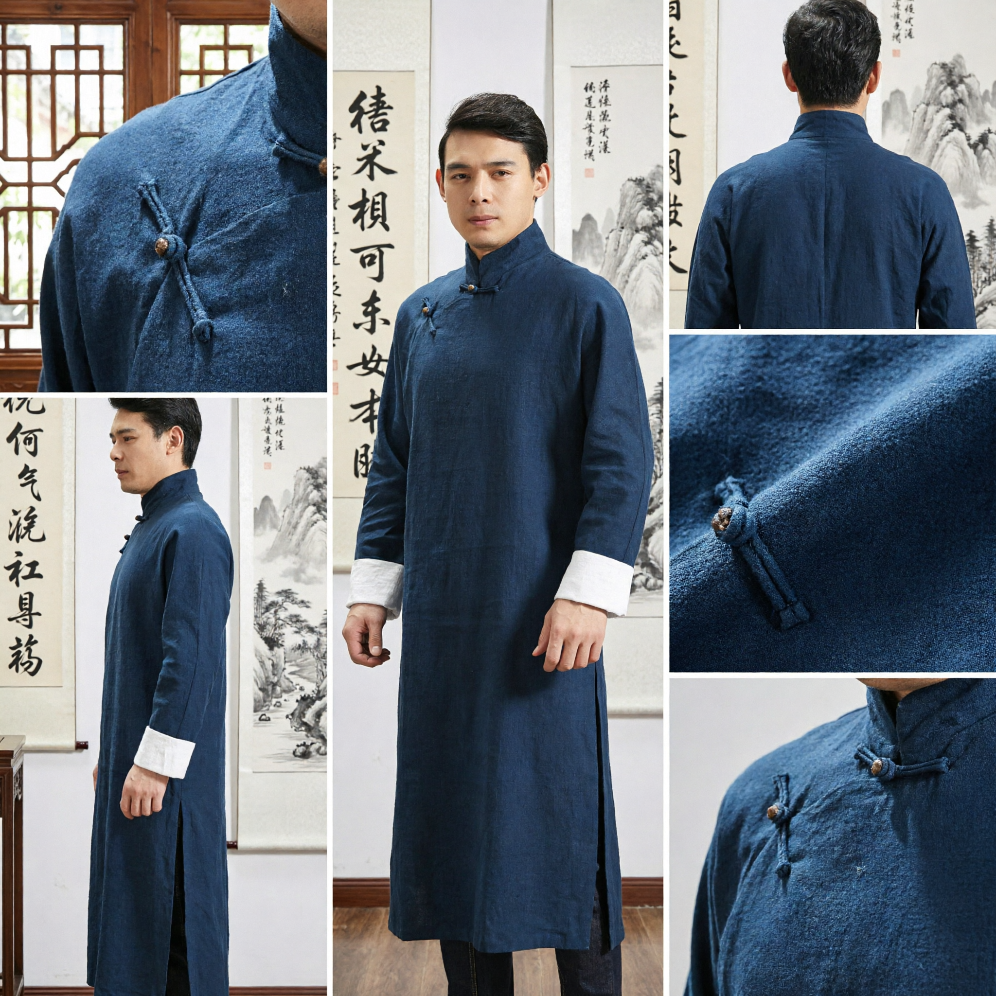 Men's Traditional Chinese Changshan Long Robe Blue Linen Tang Suit Kung Fu Uniform Mandarin Collar for Tea Ceremony