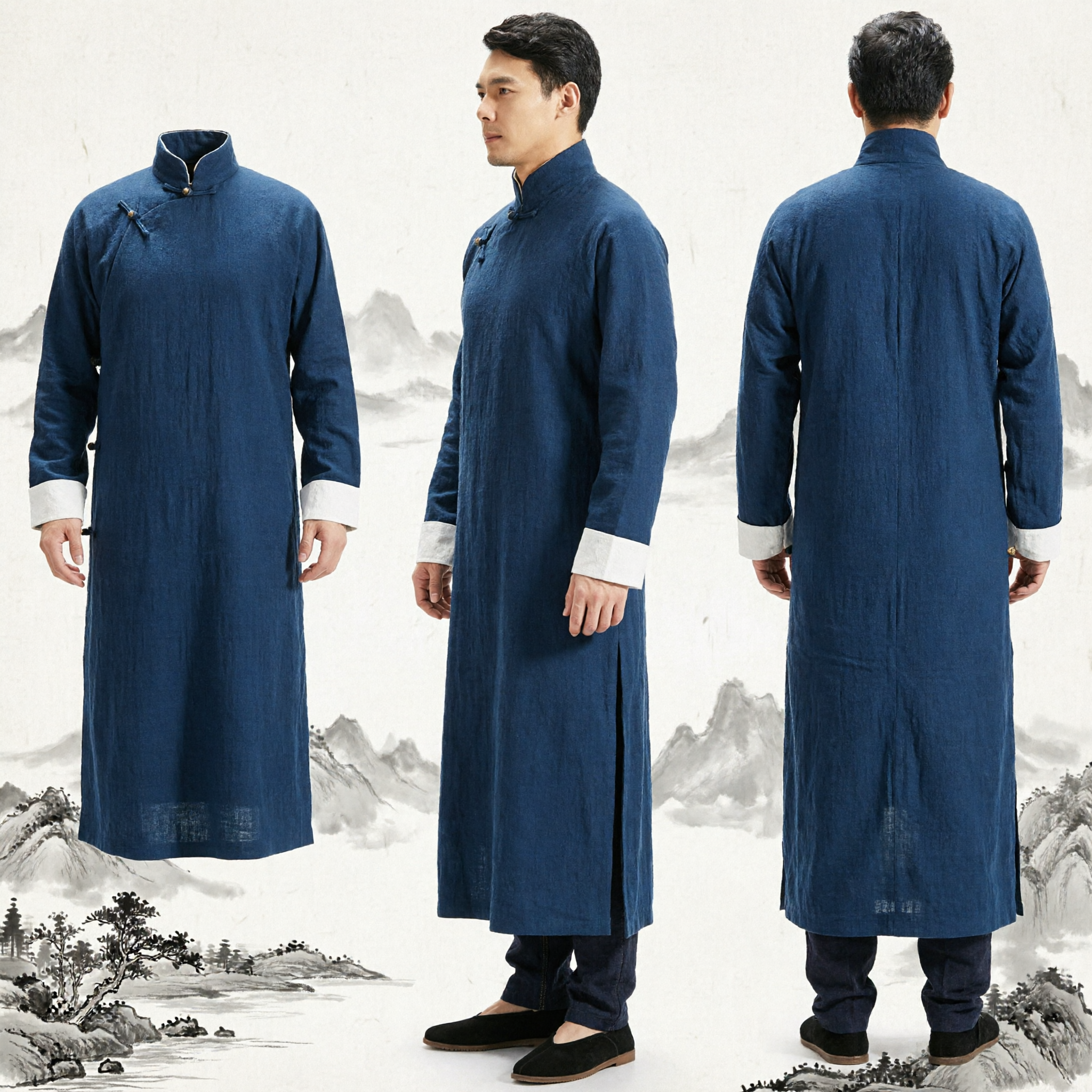 Men's Traditional Chinese Tang Suit Long Changshan Coat Mandarin Collar Kung Fu Robe for Cultural Events