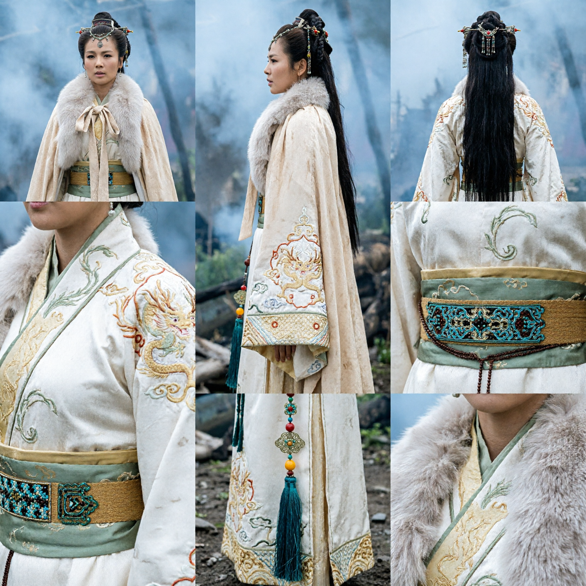 Elegant Ancient Chinese Hanfu Costume Cream Fur Cloak Traditional Dress for Women Historical Cosplay