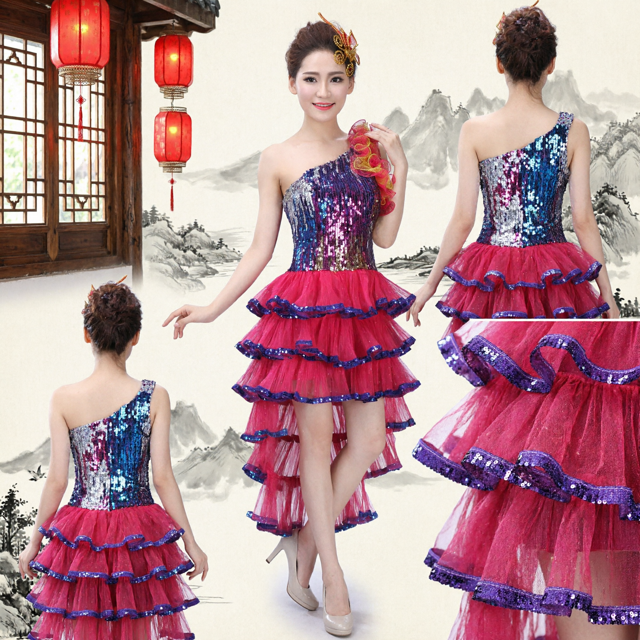 Women's One-Shoulder Sequin Latin Dance Dress Modern Stage Performance Costume with Tiered Ruffle Skirt