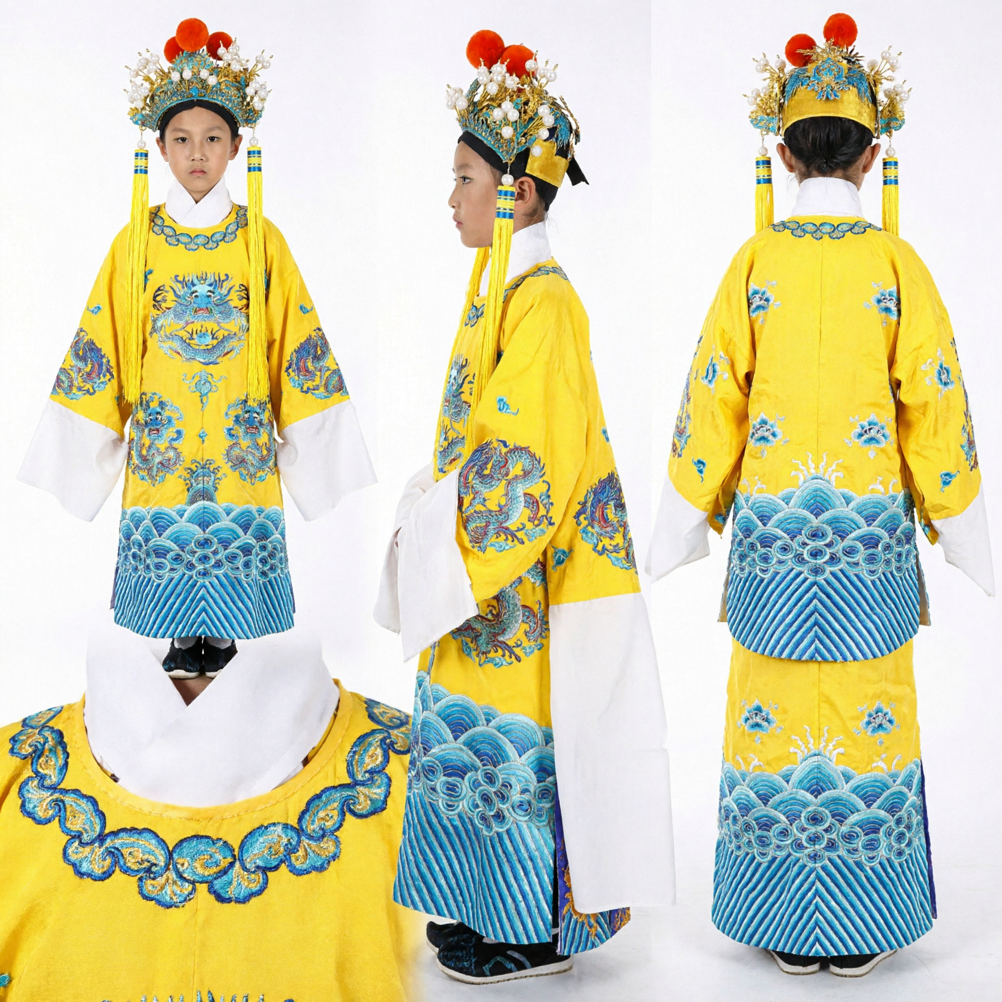 Traditional Chinese Emperor Costume for Kids Boy Yellow Dragon Robe with Headdress for Stage Performance