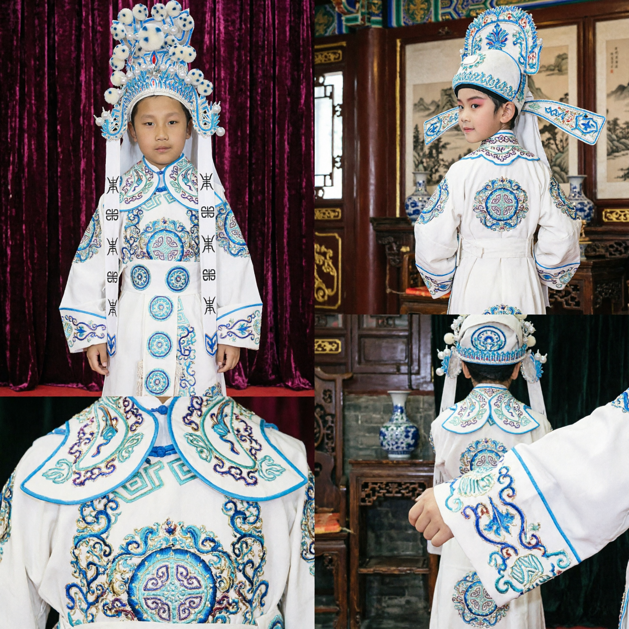 Traditional Chinese Peking Opera Costume for Kids White General Warrior Robe with Headdress for Stage Performance