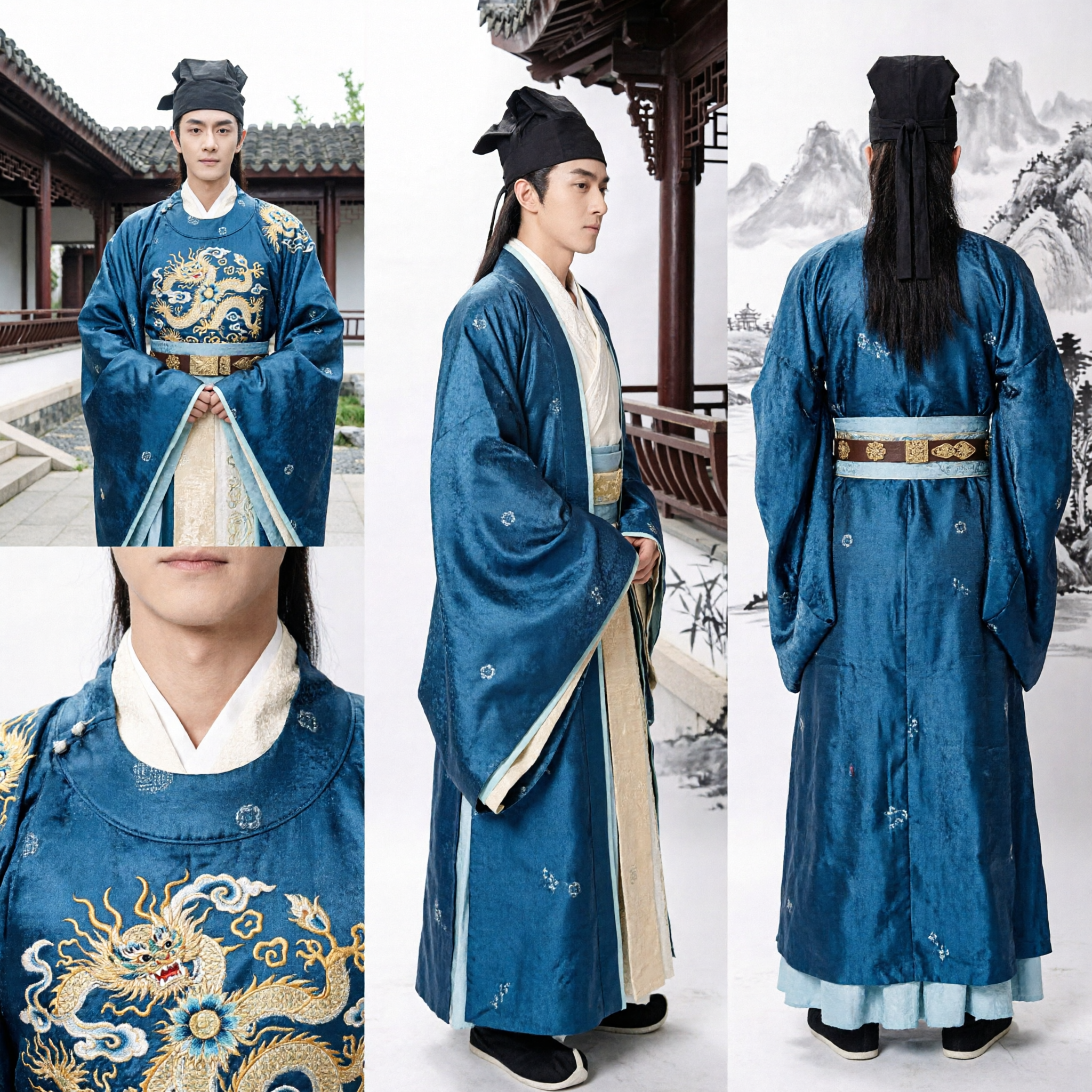 Men's Ancient Chinese Scholar Hanfu Costume Blue Robe Traditional Historical Cosplay Clothing Set for Performance