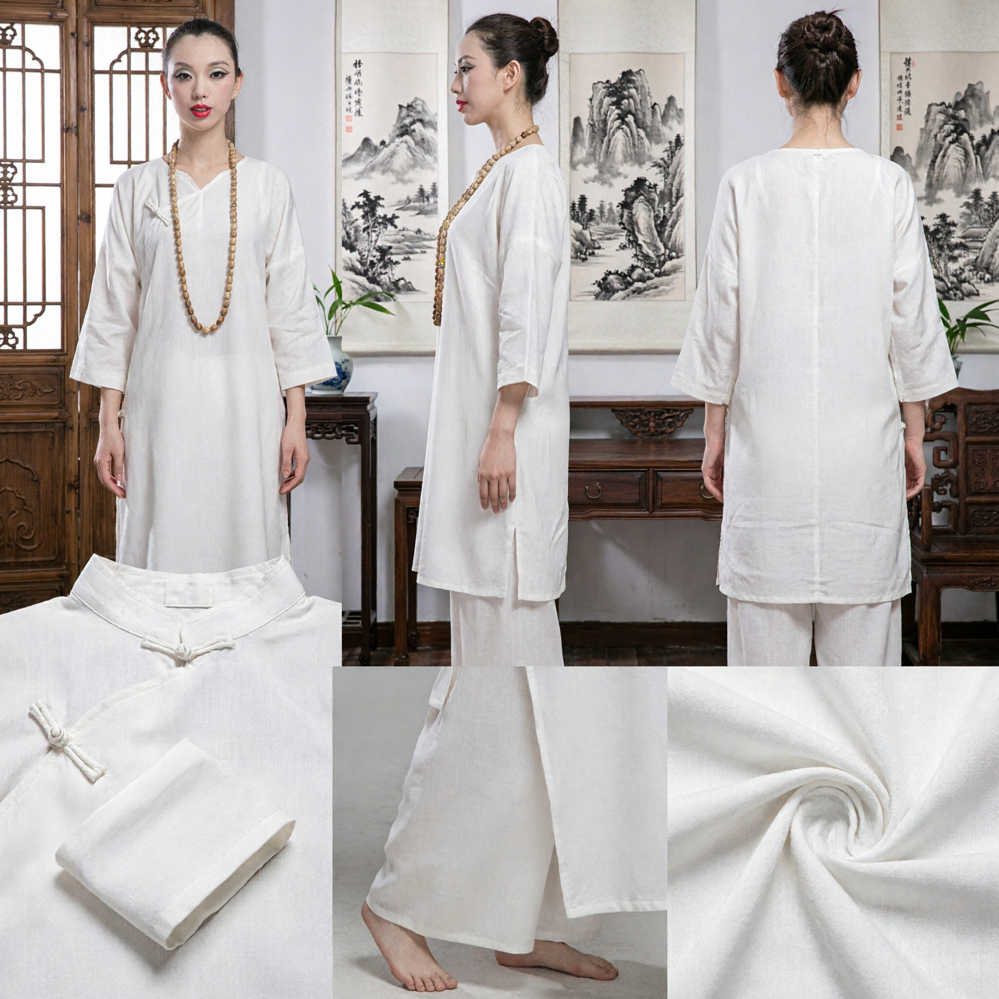 Women's White Linen Zen Meditation Suit Traditional Chinese Tang Suit Yoga Tai Chi Clothing Set