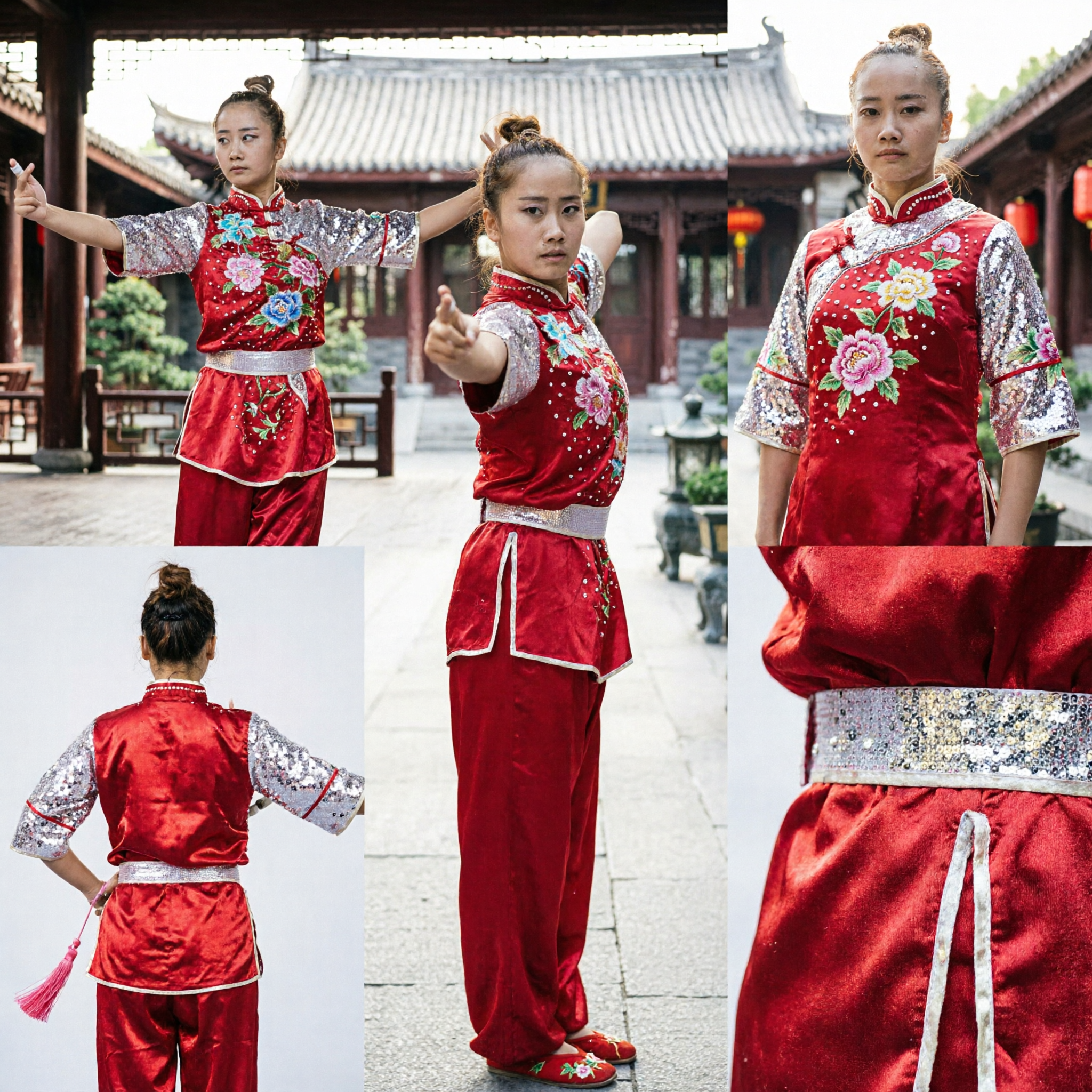 Women's Red Floral Chinese Wushu Uniform Changquan Kung Fu Competition Costume Traditional Martial Arts Outfit