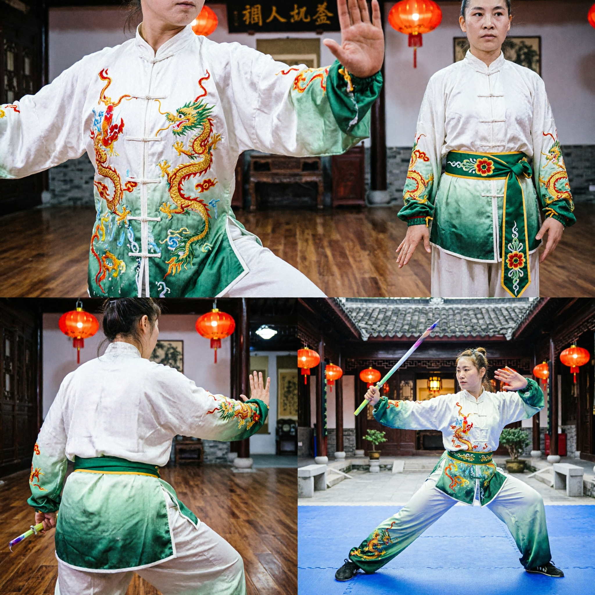 Women's Professional Wushu Competition Uniform Tai Chi Kung Fu Suit Gradient Green Dragon Embroidery Costume