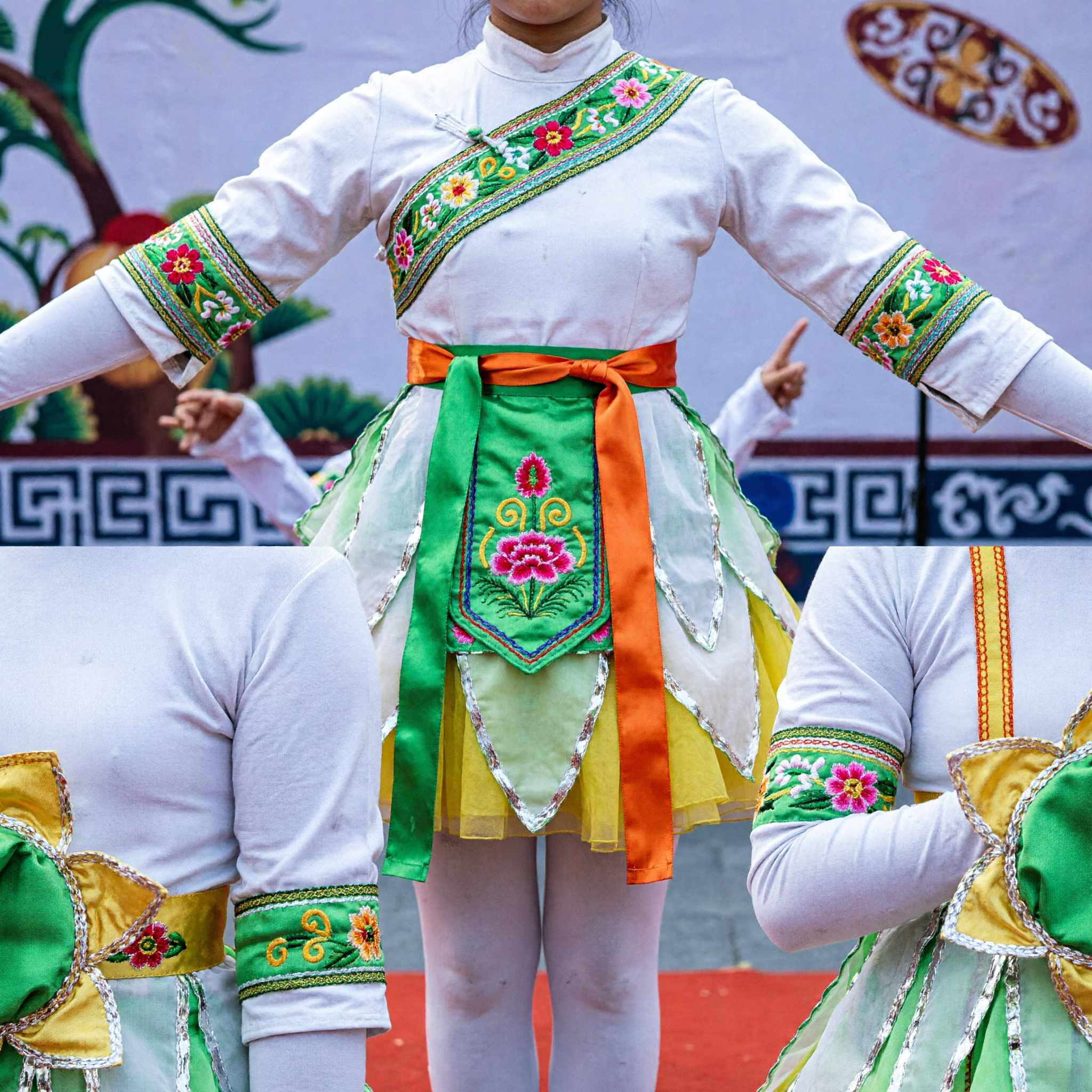 Kids Green Leaf Flower Dance Costume Chinese Folk Stage Performance Dress for Girls