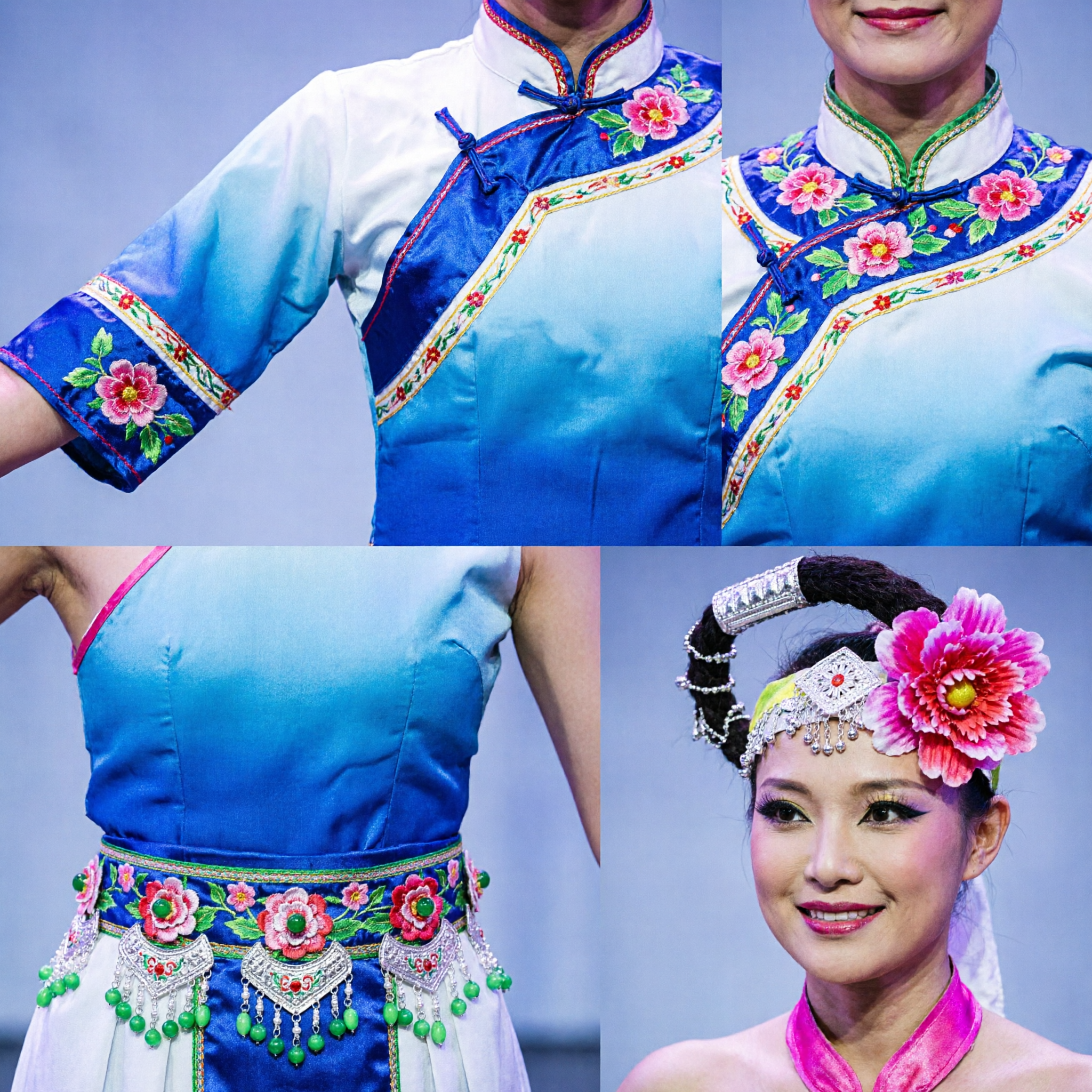 Women's Traditional Chinese Dance Costume Floral Pink and Blue Stage Performance Outfit with Headpiece
