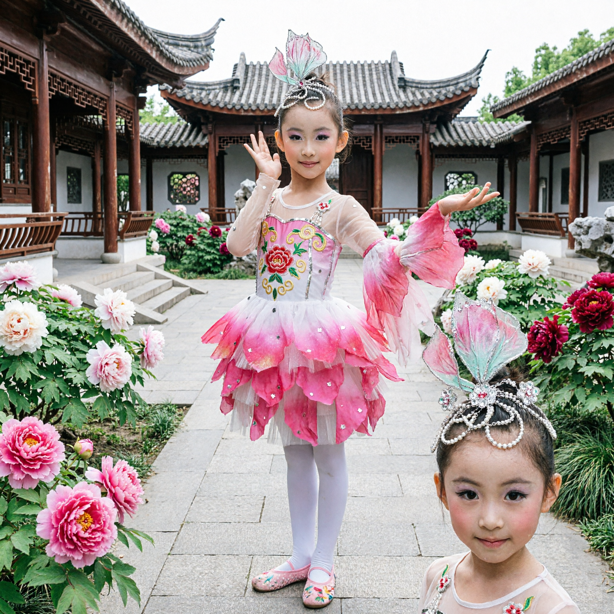Girls Pink Lotus Dance Costume Children Chinese Folk Dance Performance Outfit Stage Wear Dress