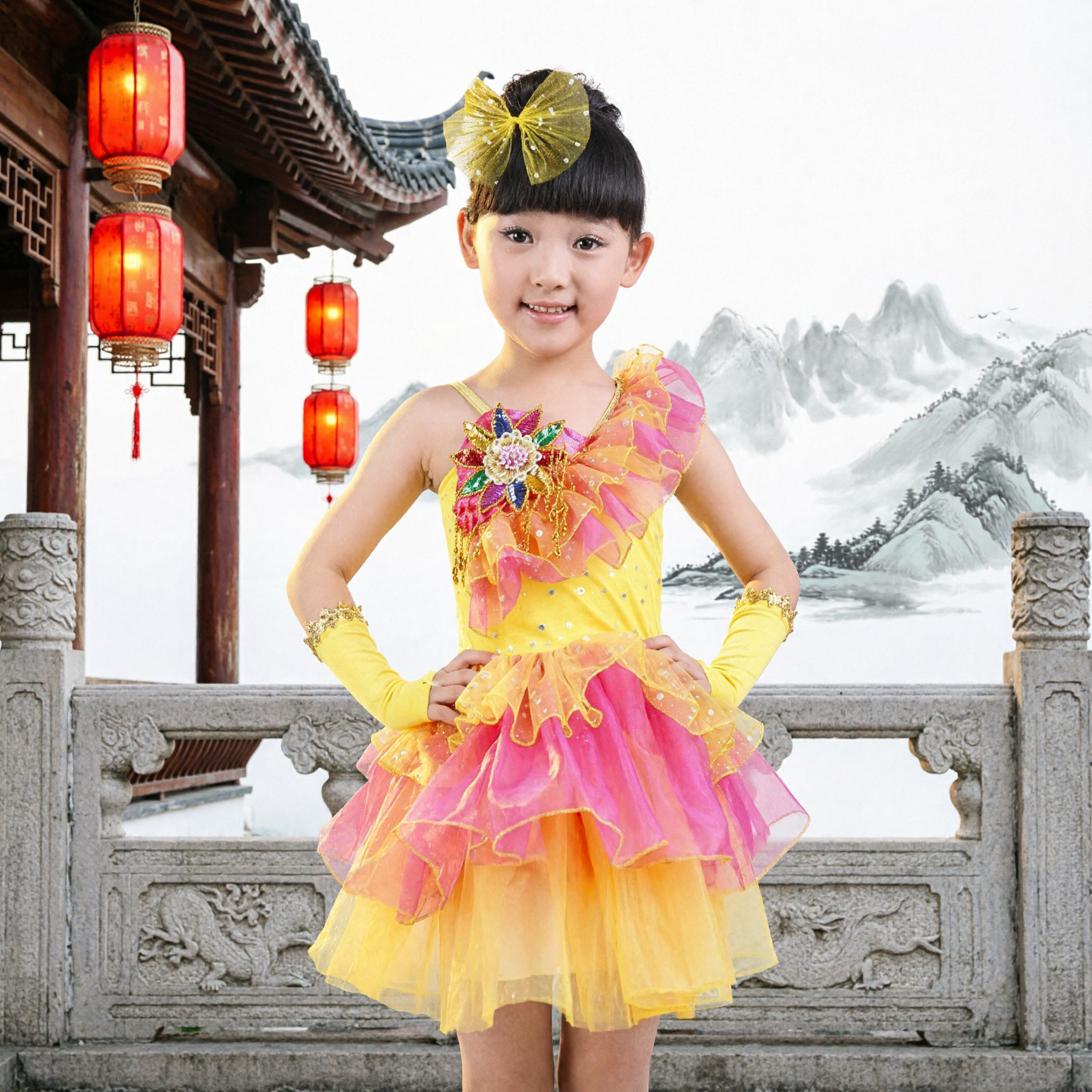 Girls Yellow and Pink Ruffled Dance Costume Modern Folk Performance Dress with Flower Appliqué