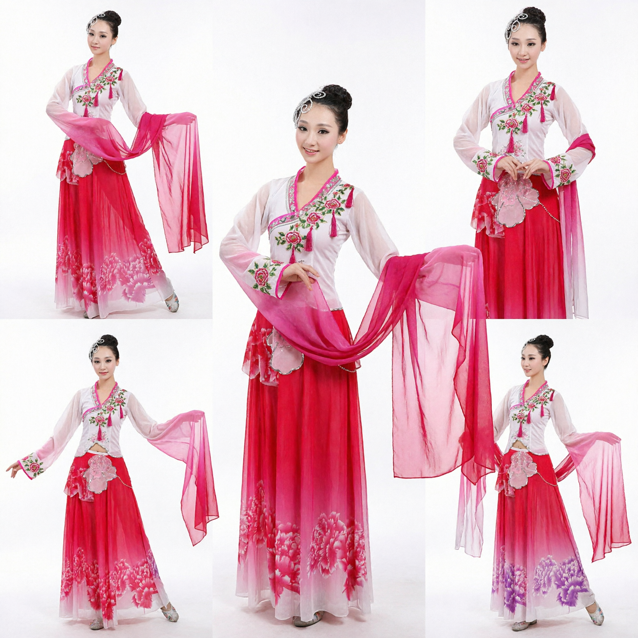 Elegant Chinese Classical Dance Costume Women's Traditional Folk Performance Dress with Flowing Water Sleeves and Floral Skirt