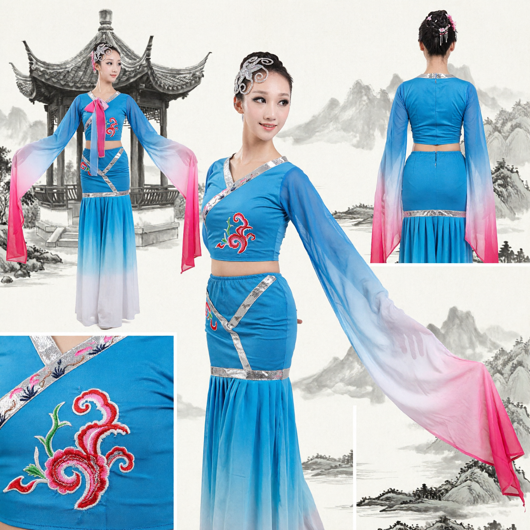 Women's Traditional Chinese Classical Dance Costume Blue Pink Gradient Ribbon Dress Stage Performance Outfit