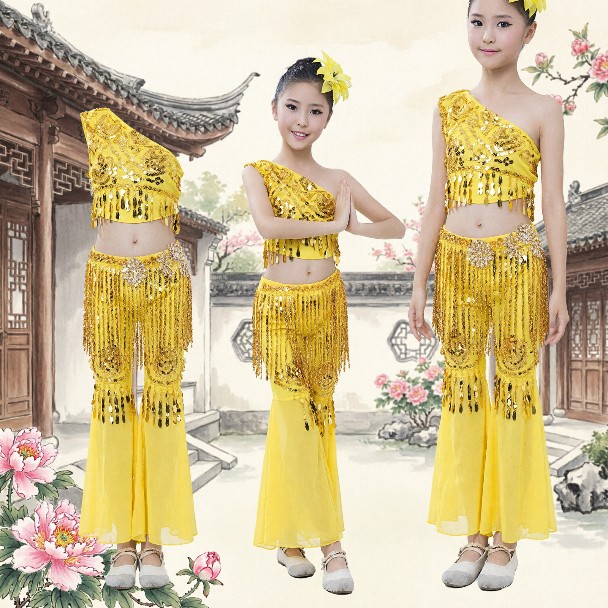 Kids Yellow Sequin Dai Ethnic Dance Costume Girls Folk Stage Performance Outfit with Fringe