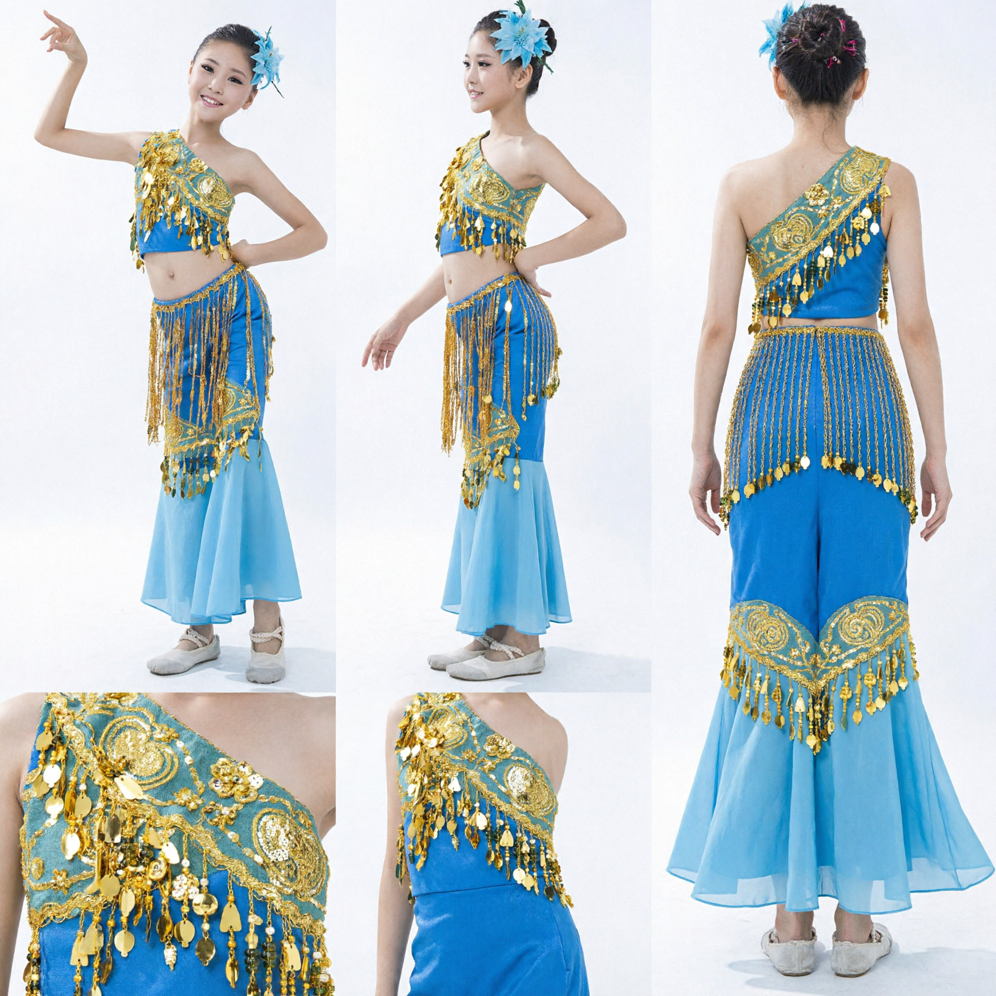 Blue One-Shoulder Gold Fringe Sequin Chinese Dai Minority Peacock Dance Costume for Girls Stage Performance