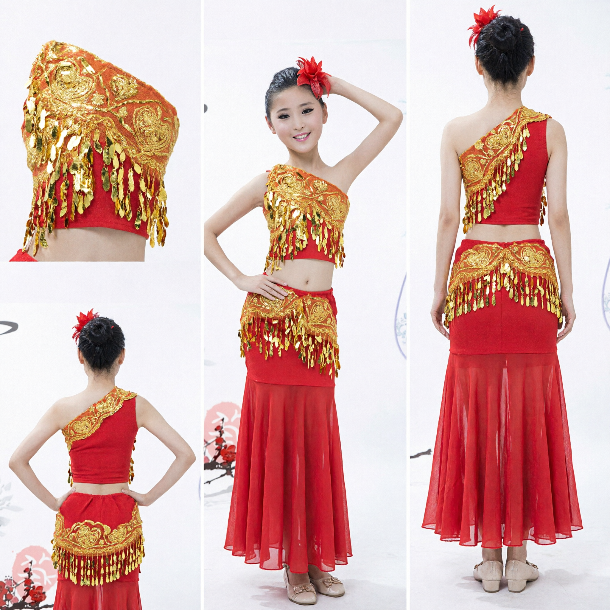 Traditional Chinese Dai Minority Peacock Dance Costume Red Gold Sequin Performance Dress for Women and Girls