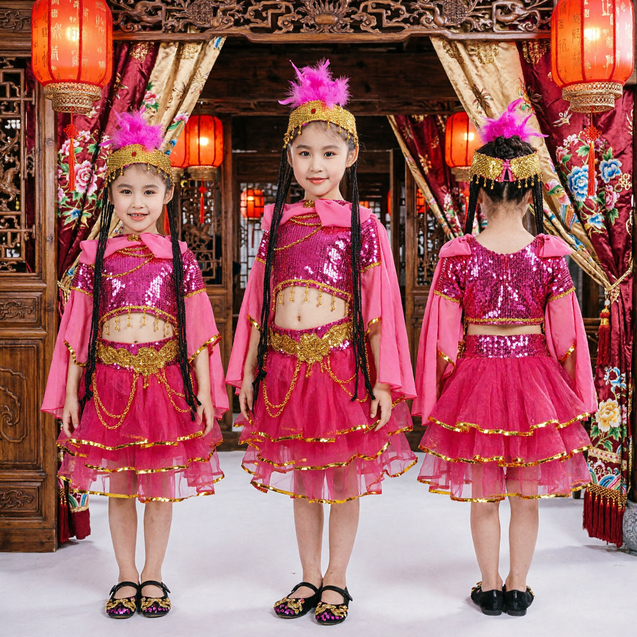 Kids Chinese Xinjiang Uyghur Folk Dance Costume Girls Pink Sequin Performance Dress with Headdress