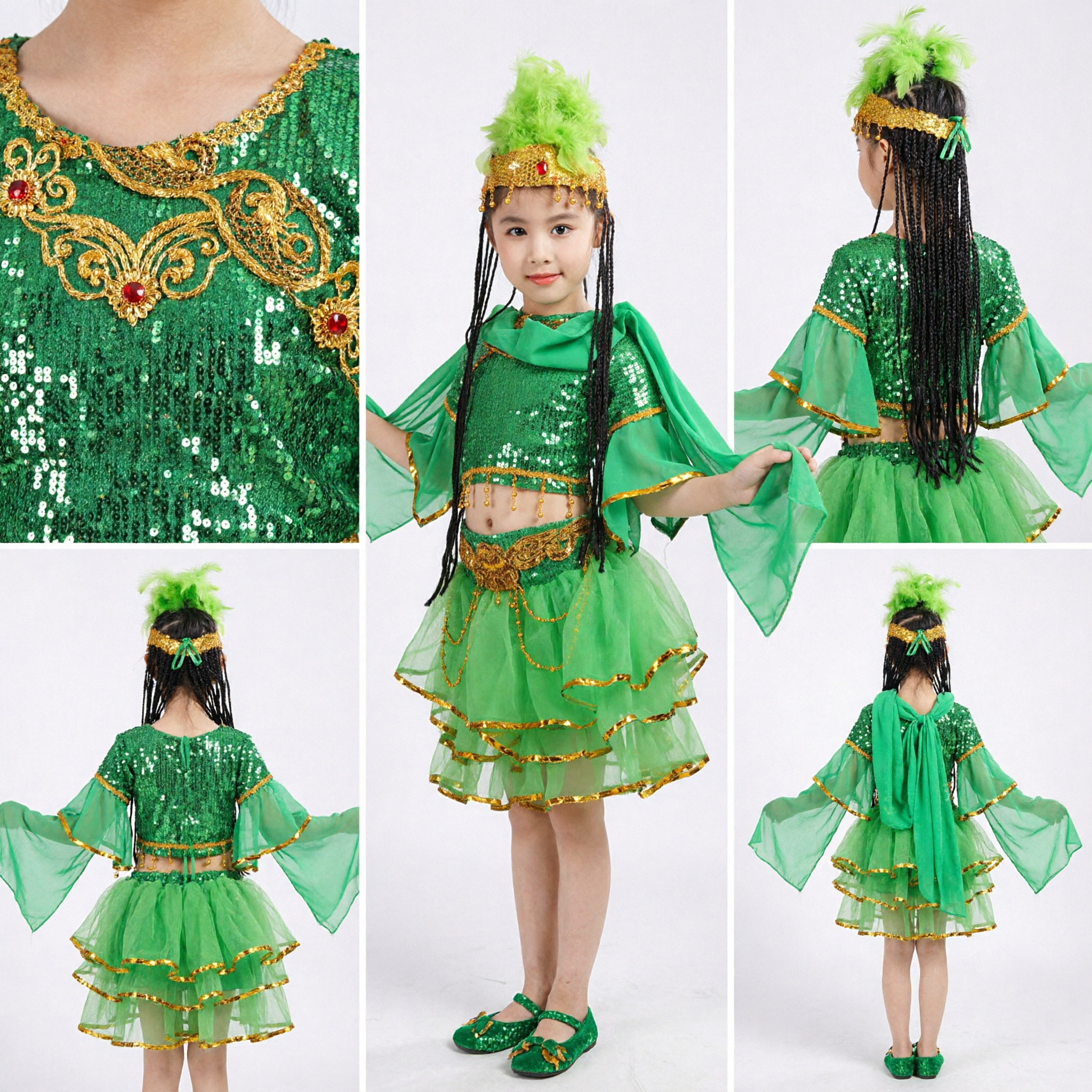 Kids Green Sequin Traditional Chinese Ethnic Dance Costume with Feather Headdress for Girls Stage Performance