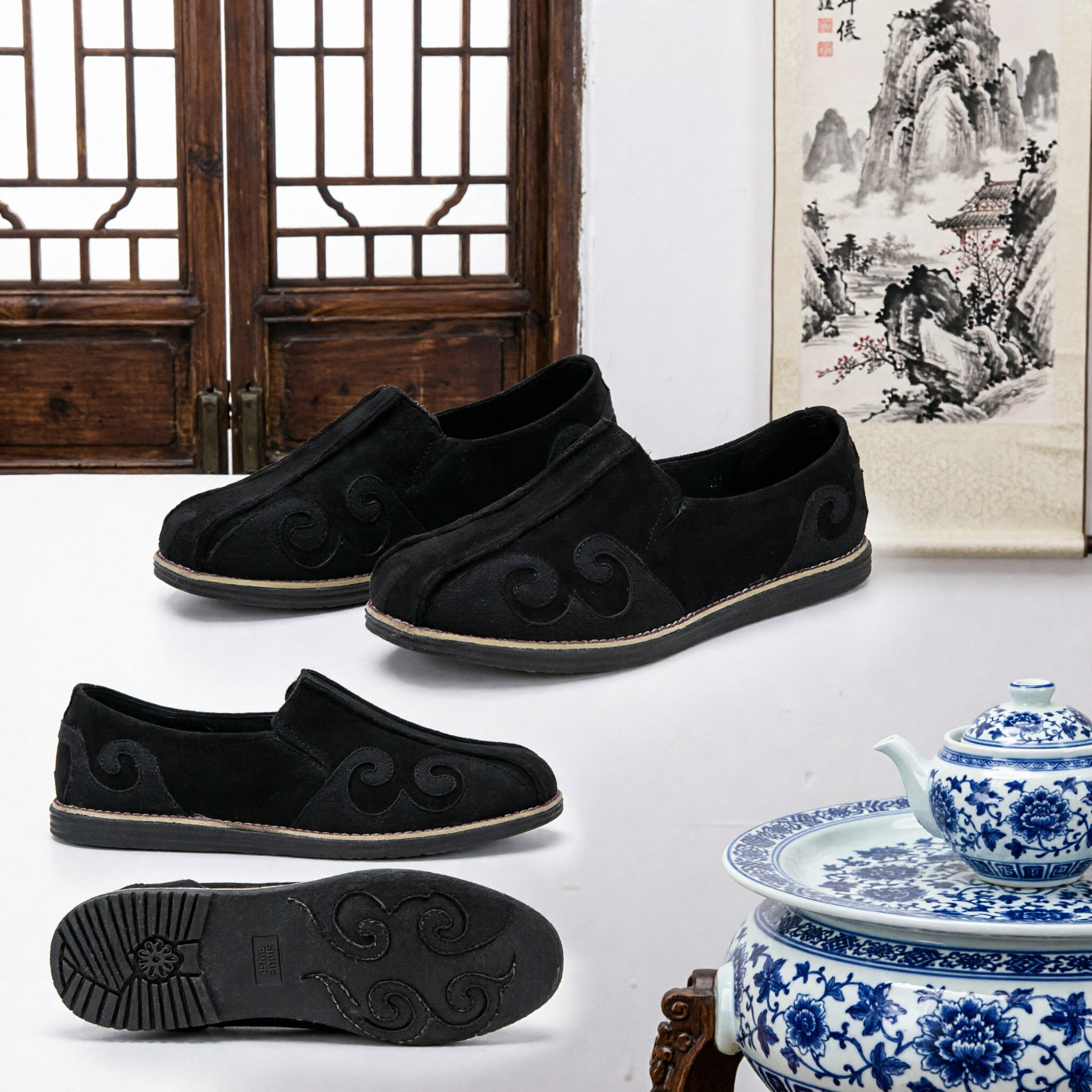 Men's Traditional Chinese Black Cloth Shoes Old Beijing Style Kung Fu Tai Chi Casual Slip-Ons