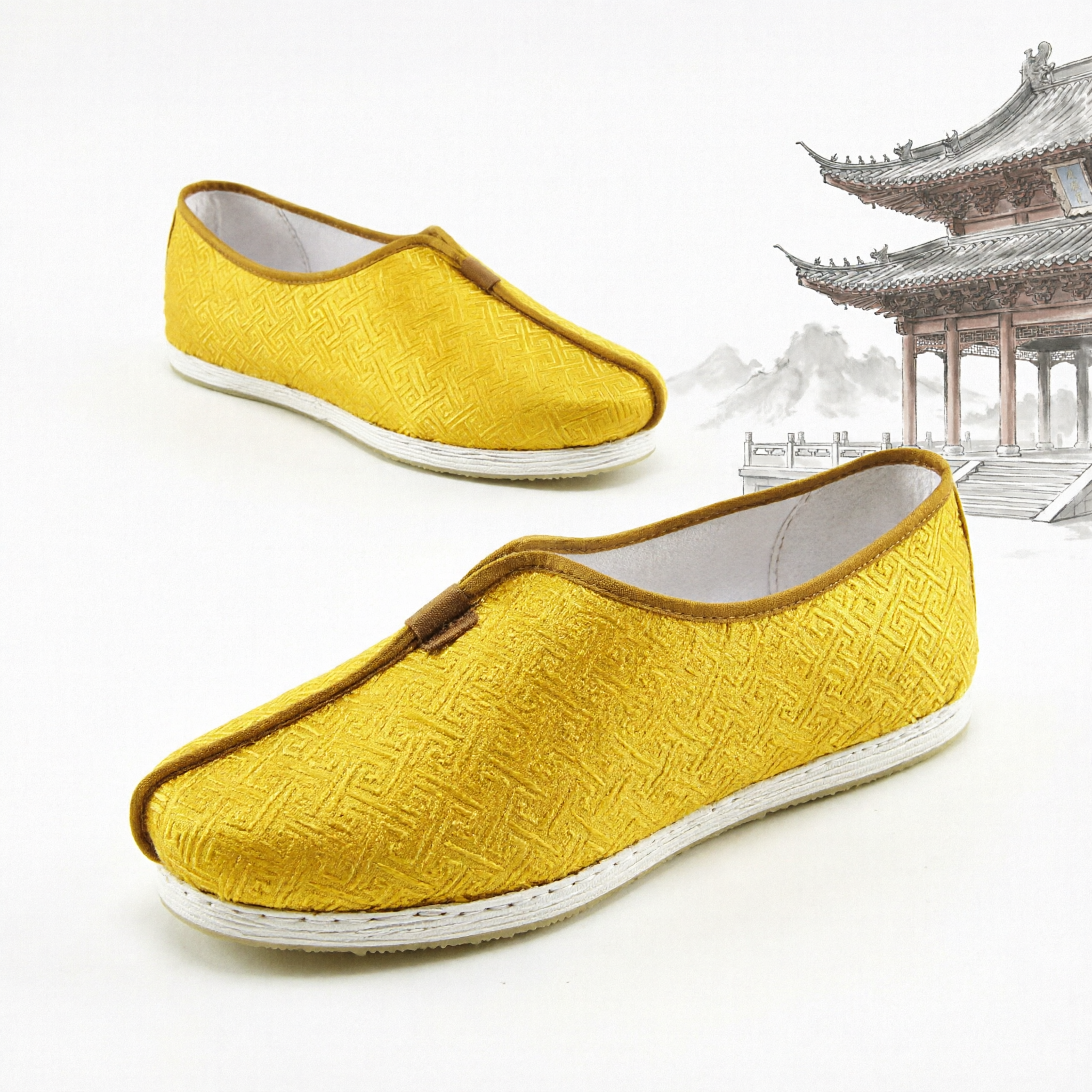 Chinese Traditional Yellow Brocade Cloth Shoes Kung Fu Tai Chi Martial Arts Slip On Sneakers Men Women