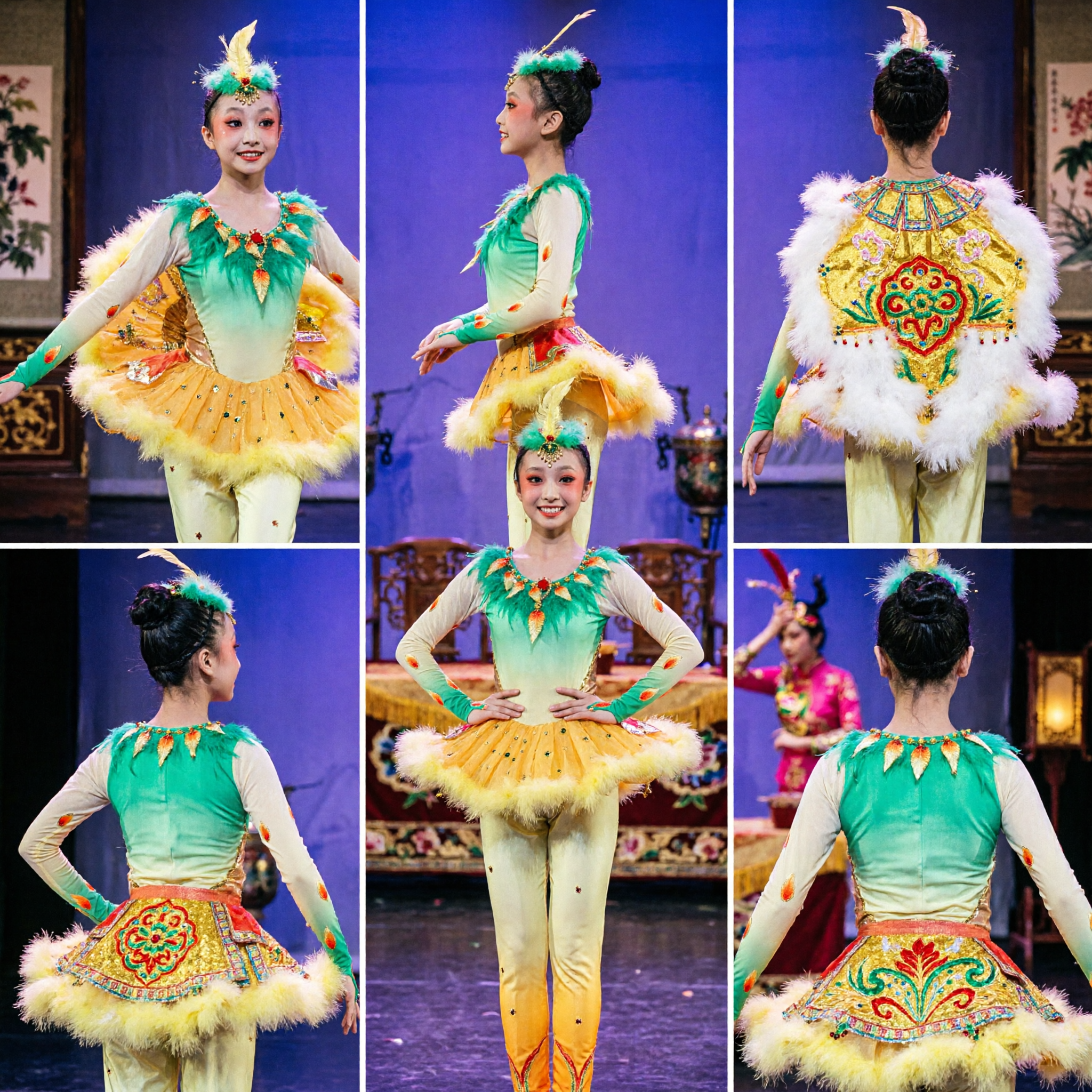 Professional Traditional Chinese Peacock Dance Costume Yellow Green Feather Dress for Women Stage Performance