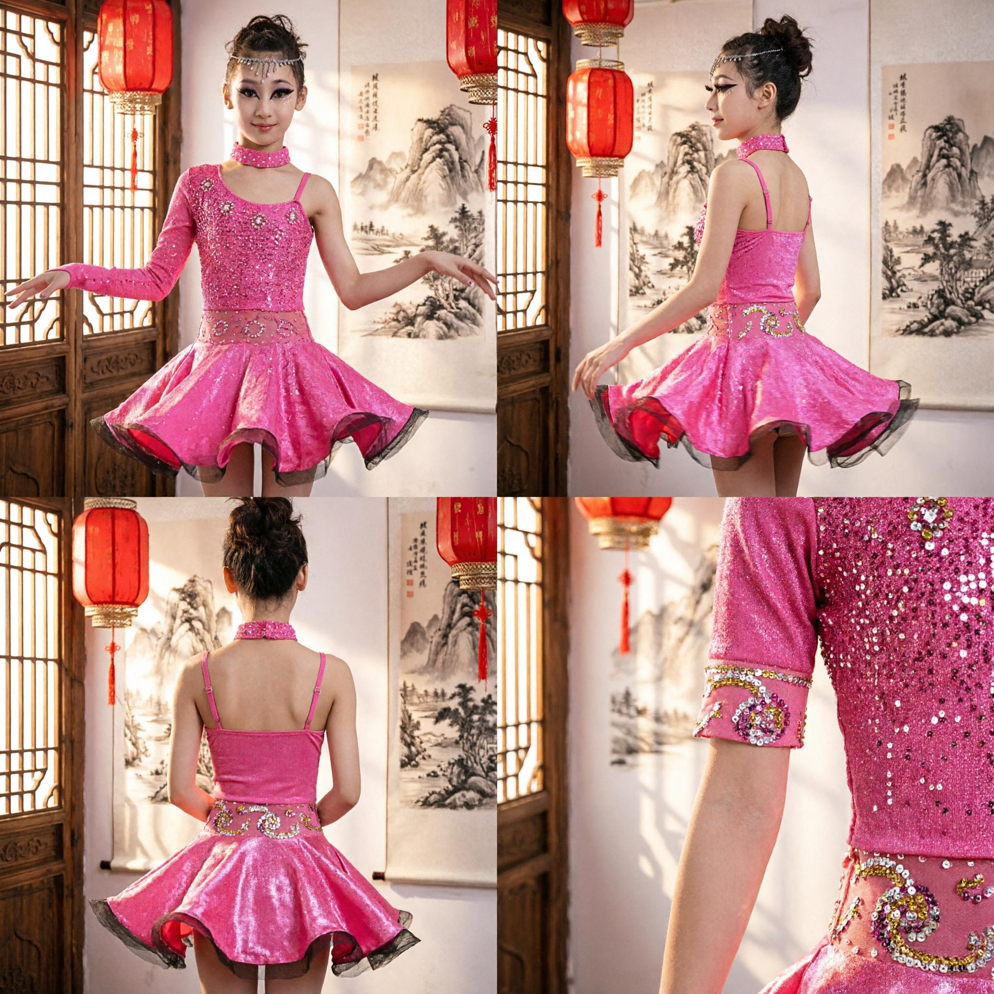 Girls Pink Latin Dance Dress Kids Sequined Ballroom Competition Costume with Matching Headpiece and Choker
