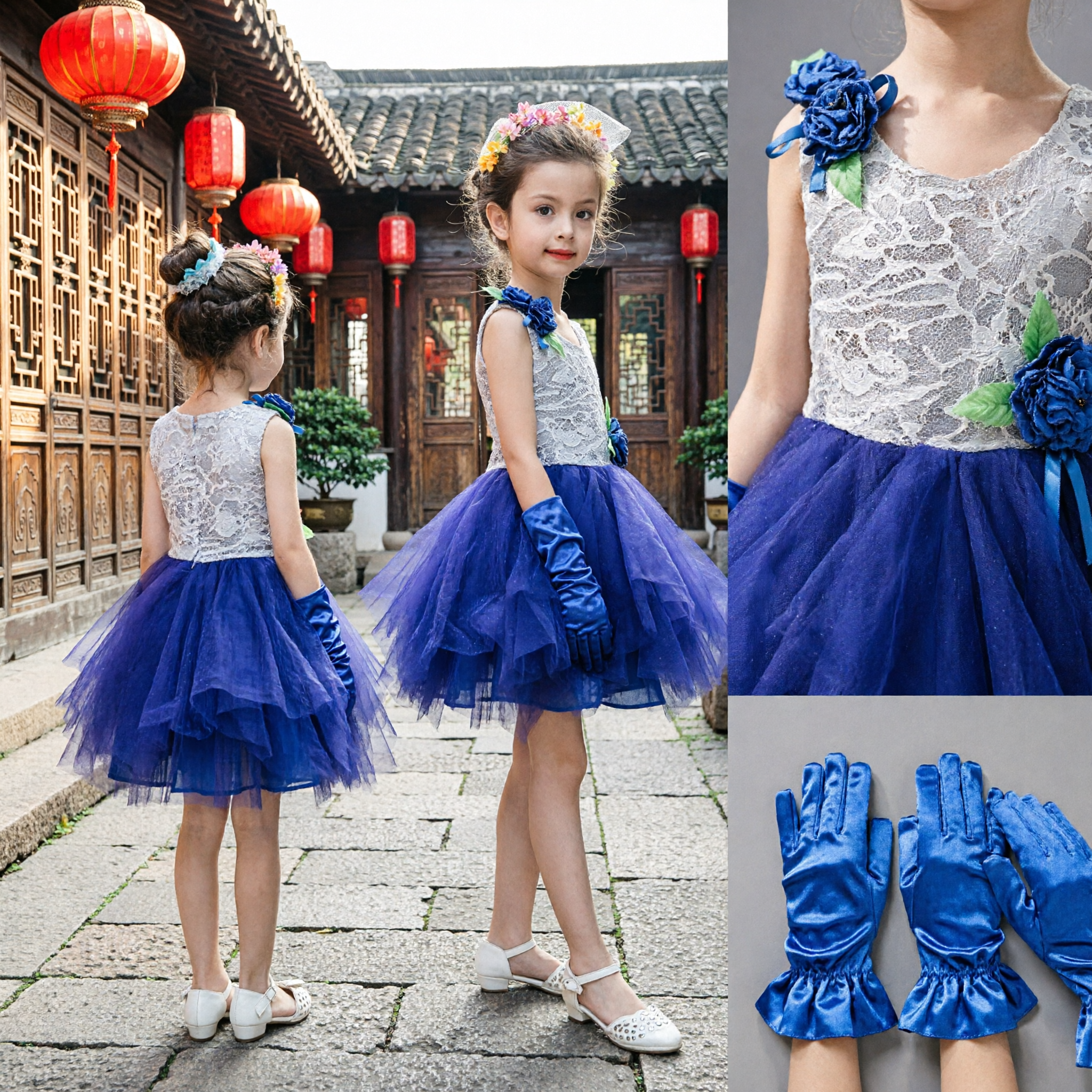 Girls Blue and White Lace Stage Performance Dress with Tulle Skirt for Dance Singing Hosting Costume