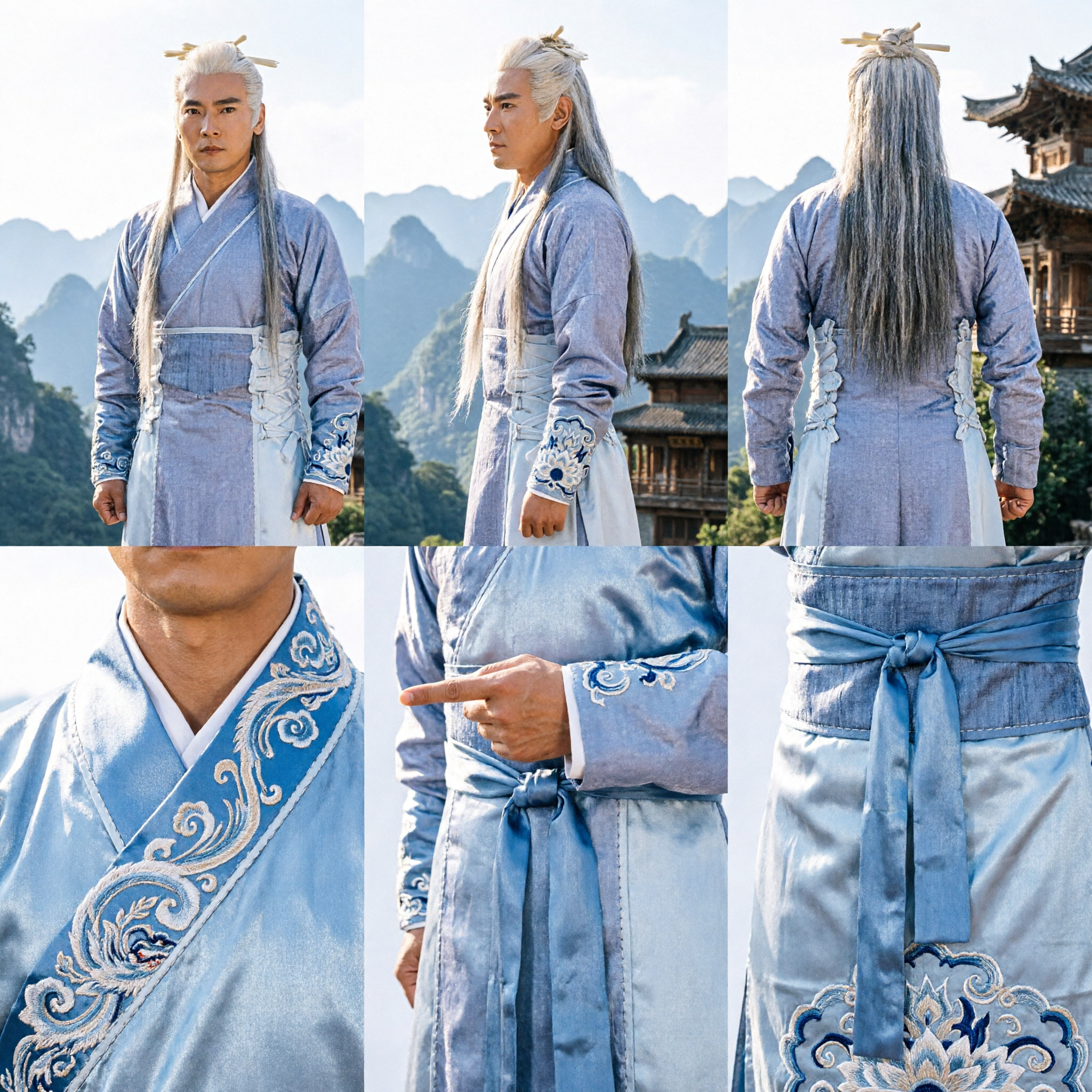 Ancient Chinese Wuxia Master Costume Men's Light Blue Kung Fu Hanfu Robe for Martial Arts Cosplay