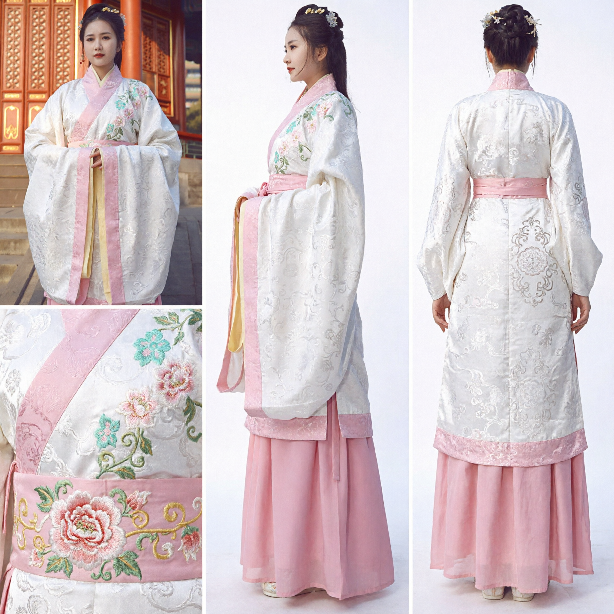 Traditional Chinese Hanfu Costume Elegant Pink and White Embroidered Ancient Dress Set for Women