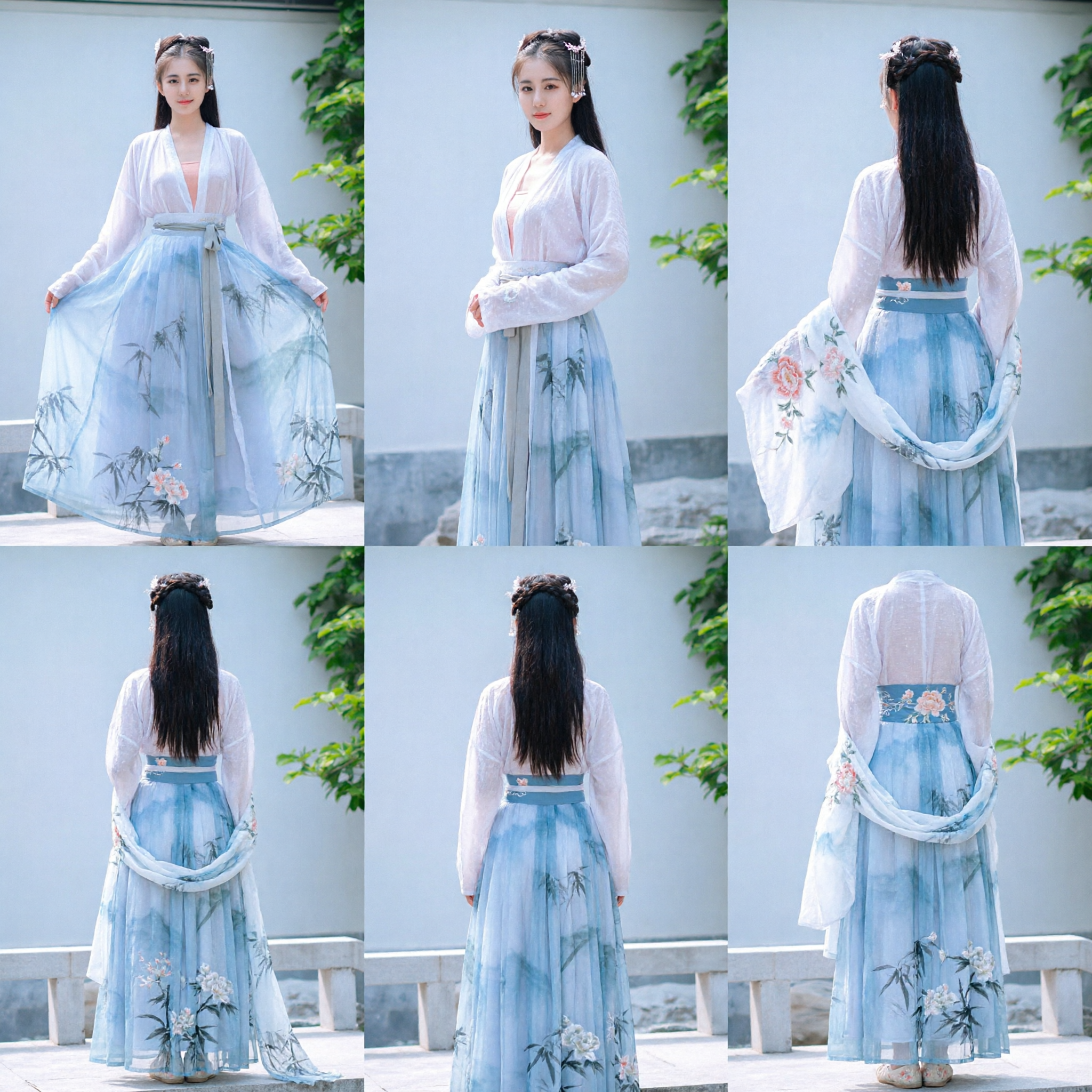 Traditional Chinese Hanfu Dress for Women Ancient Costume Elegant Blue Bamboo Print Skirt Set