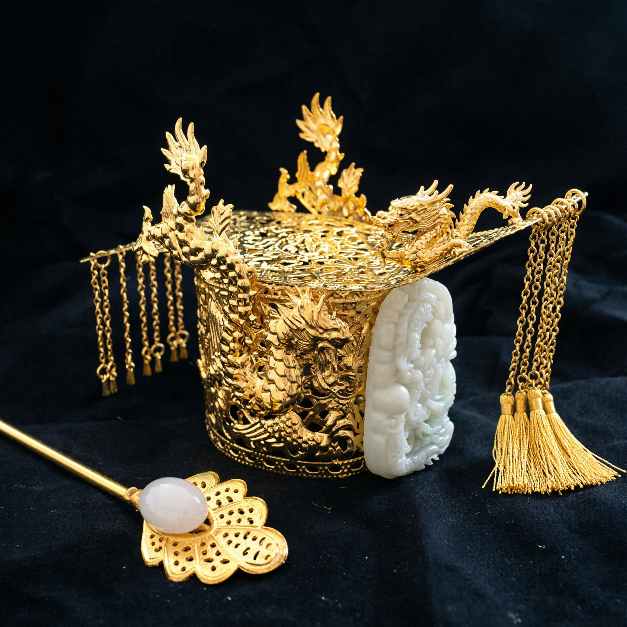 Chinese Ancient Style Gold Phoenix Crown Headdress Set with Jade Ornament and Hairpin for Traditional Wedding