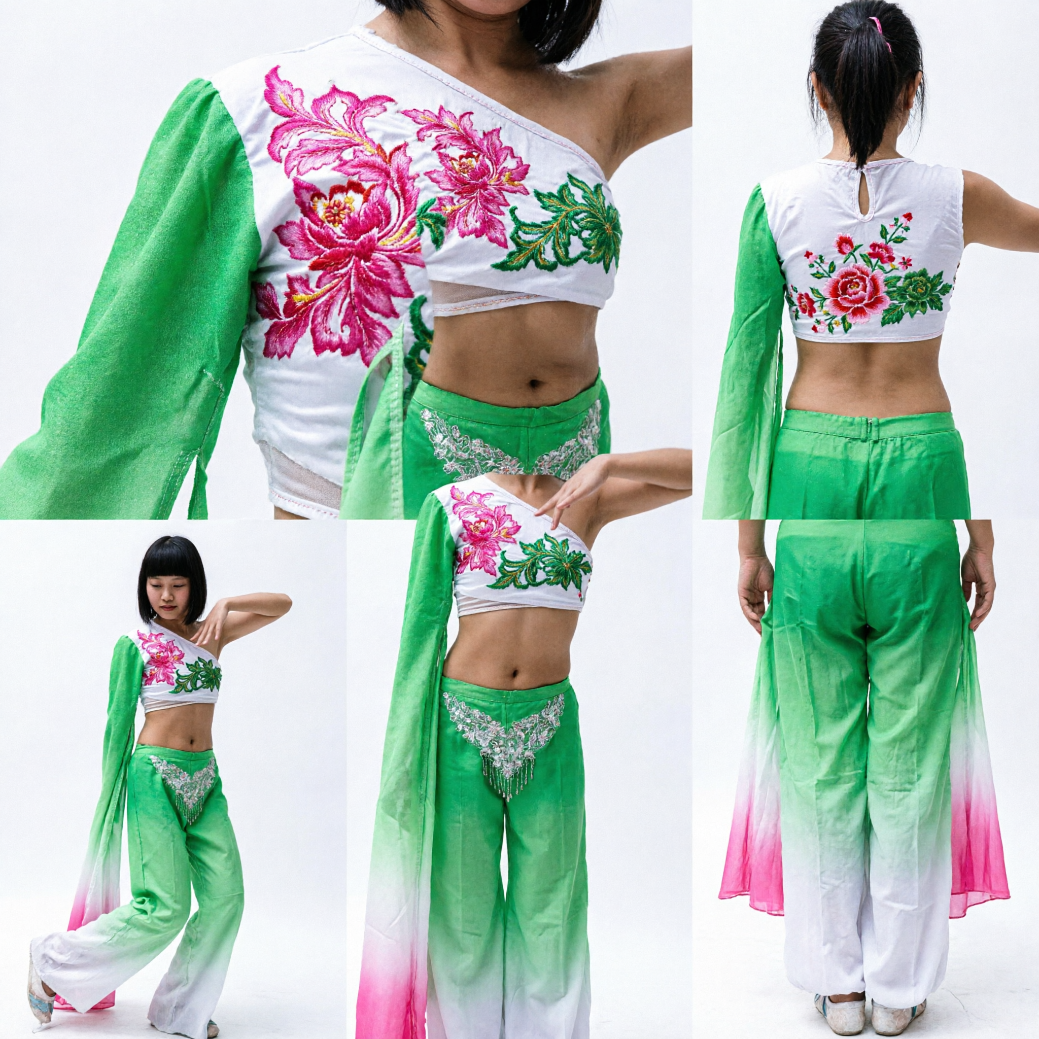 Girls Chinese Folk Dance Costume Green Floral Yangge Performance Outfit with Flowing Sleeves and Pants