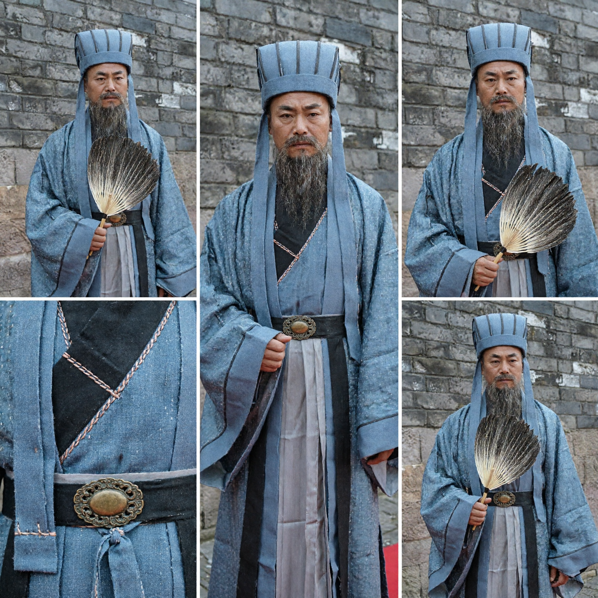 Ancient Chinese Scholar Hanfu Costume Set Blue Robe Hat Fan Men's Historical Cosplay Outfit