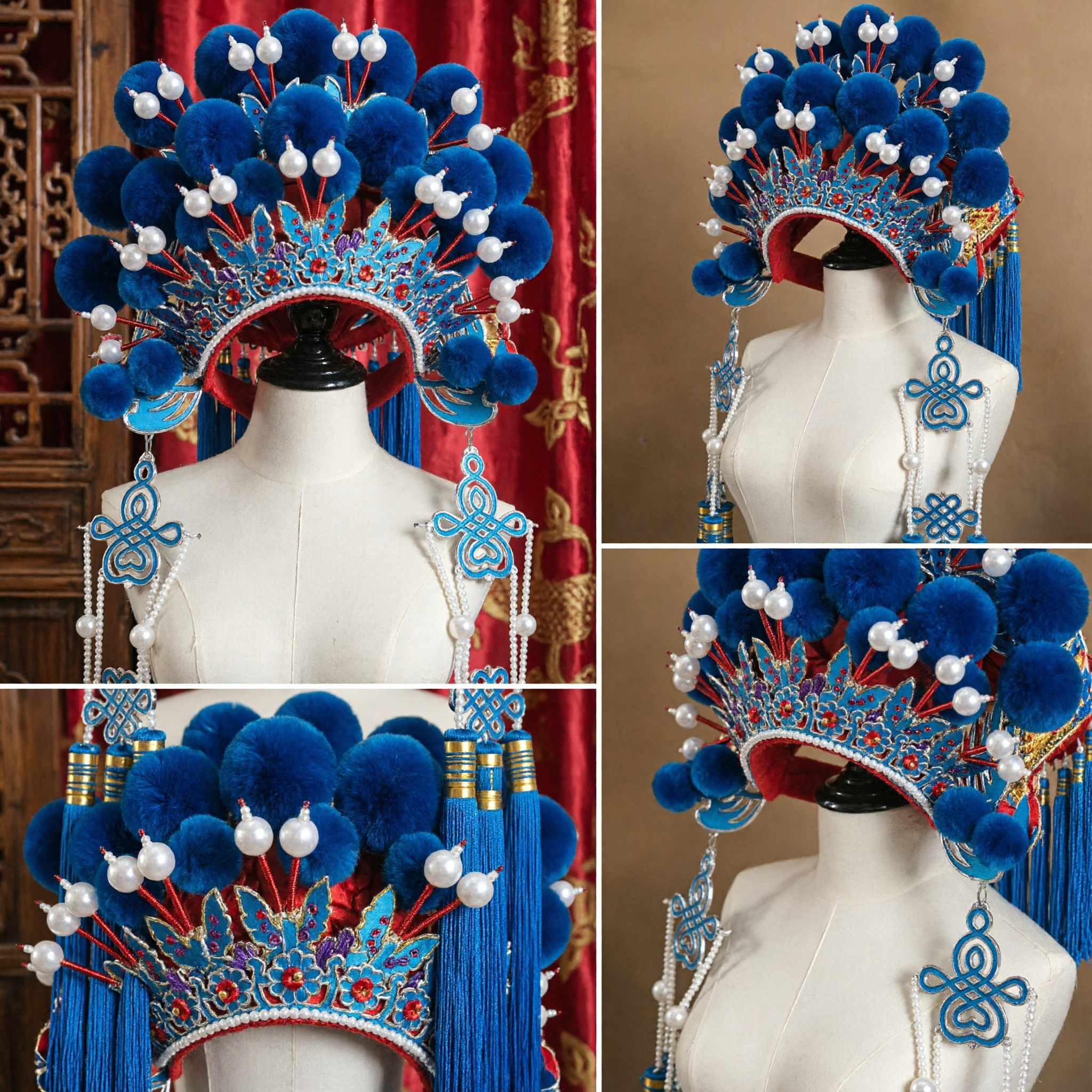 Traditional Chinese Beijing Opera Blue Phoenix Crown Headdress with Tassels for Female Performers and Weddings